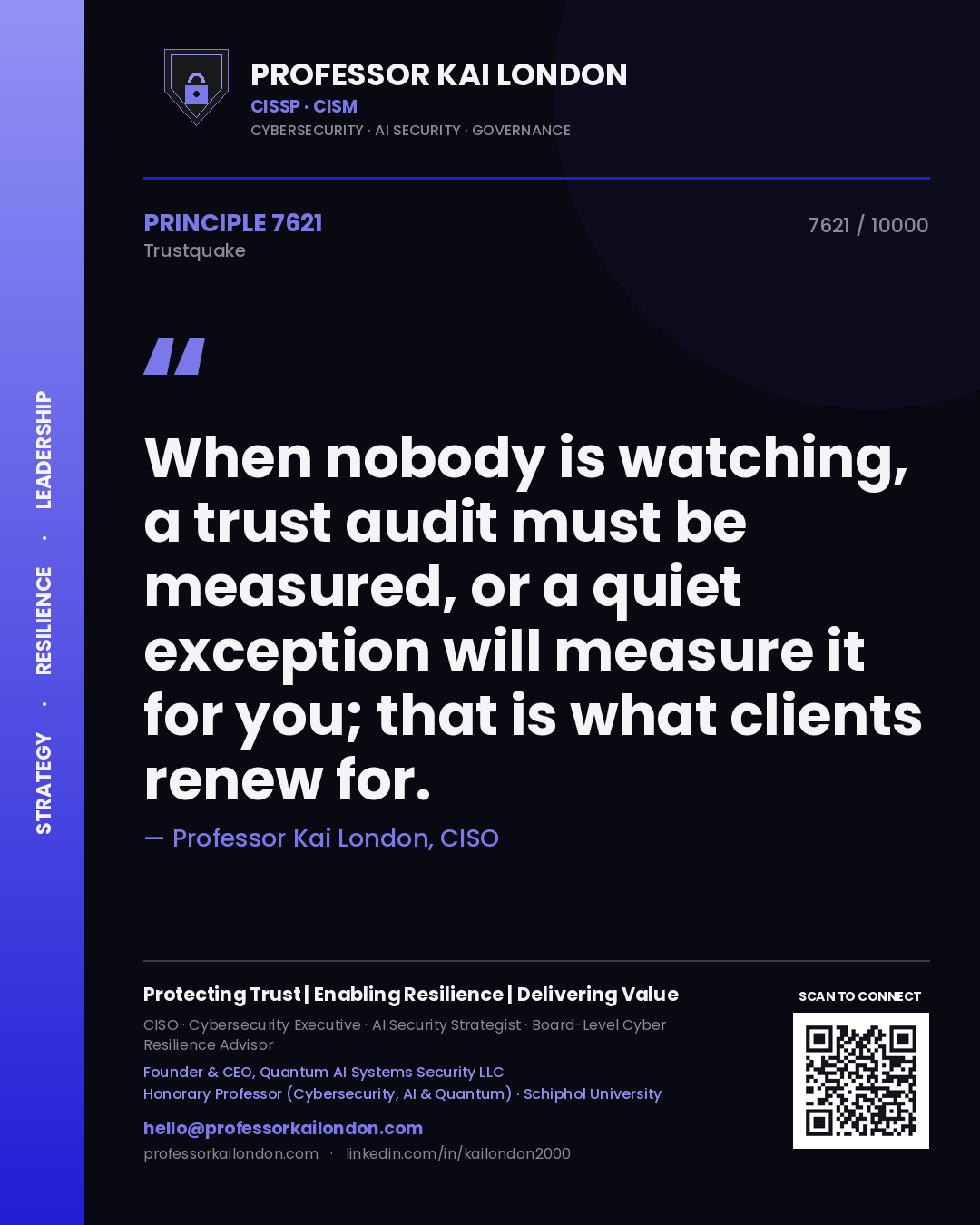 Professor Kai London principle 7621: When nobody is watching, a trust audit must be measured, or a quiet exception will measure it for you; that is what clients renew for.