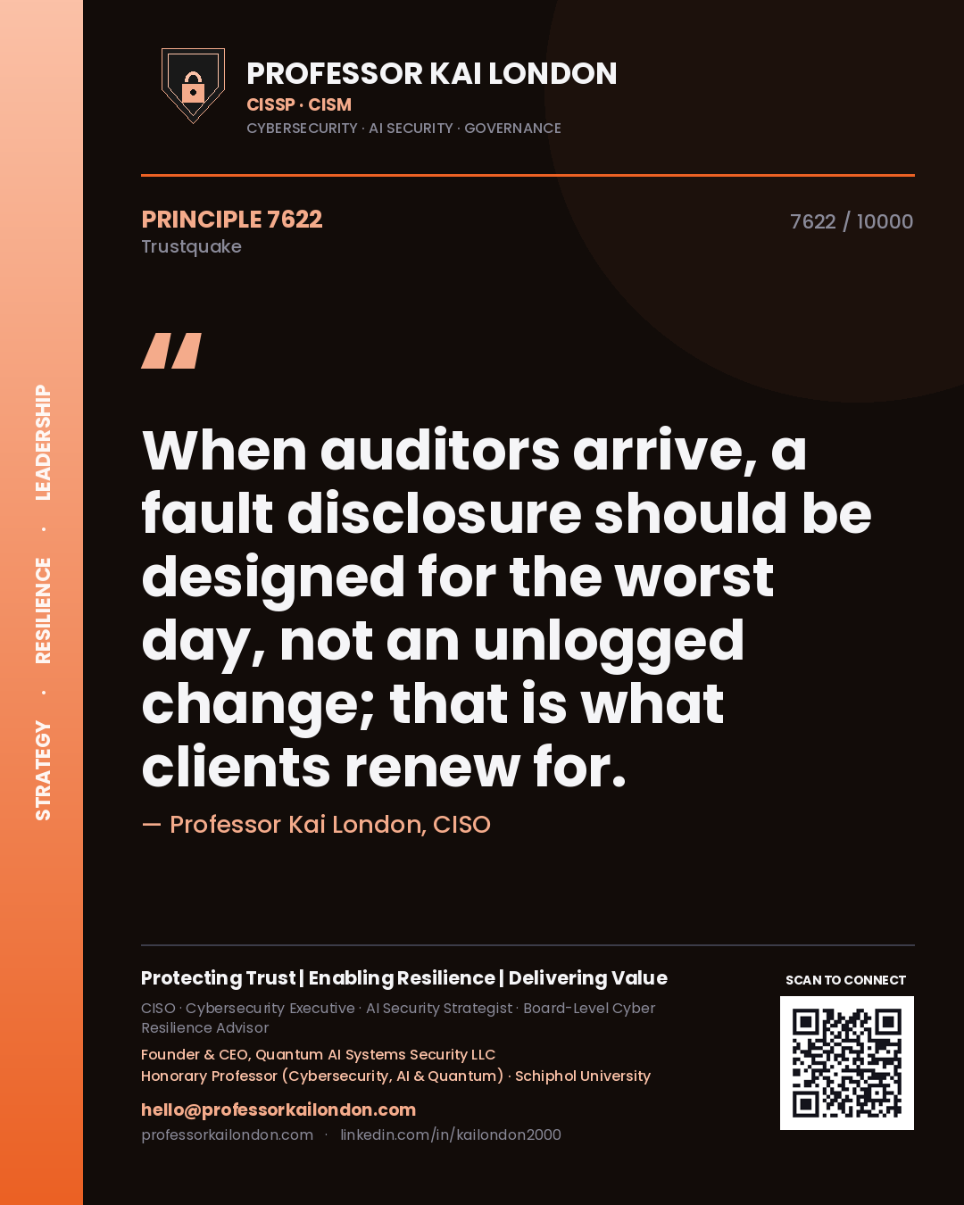 Quote card by Professor Kai London reading 'When auditors arrive, a fault disclosure should be designed for the worst day, not an unlogged change; that is what clients renew for.'. From the book Trustquake.