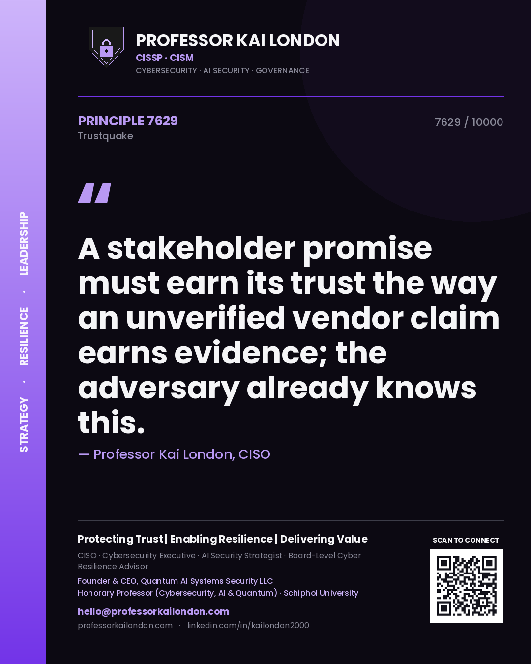 Professor Kai London principle 7629: A stakeholder promise must earn its trust the way an unverified vendor claim earns evidence; the adversary already knows this.