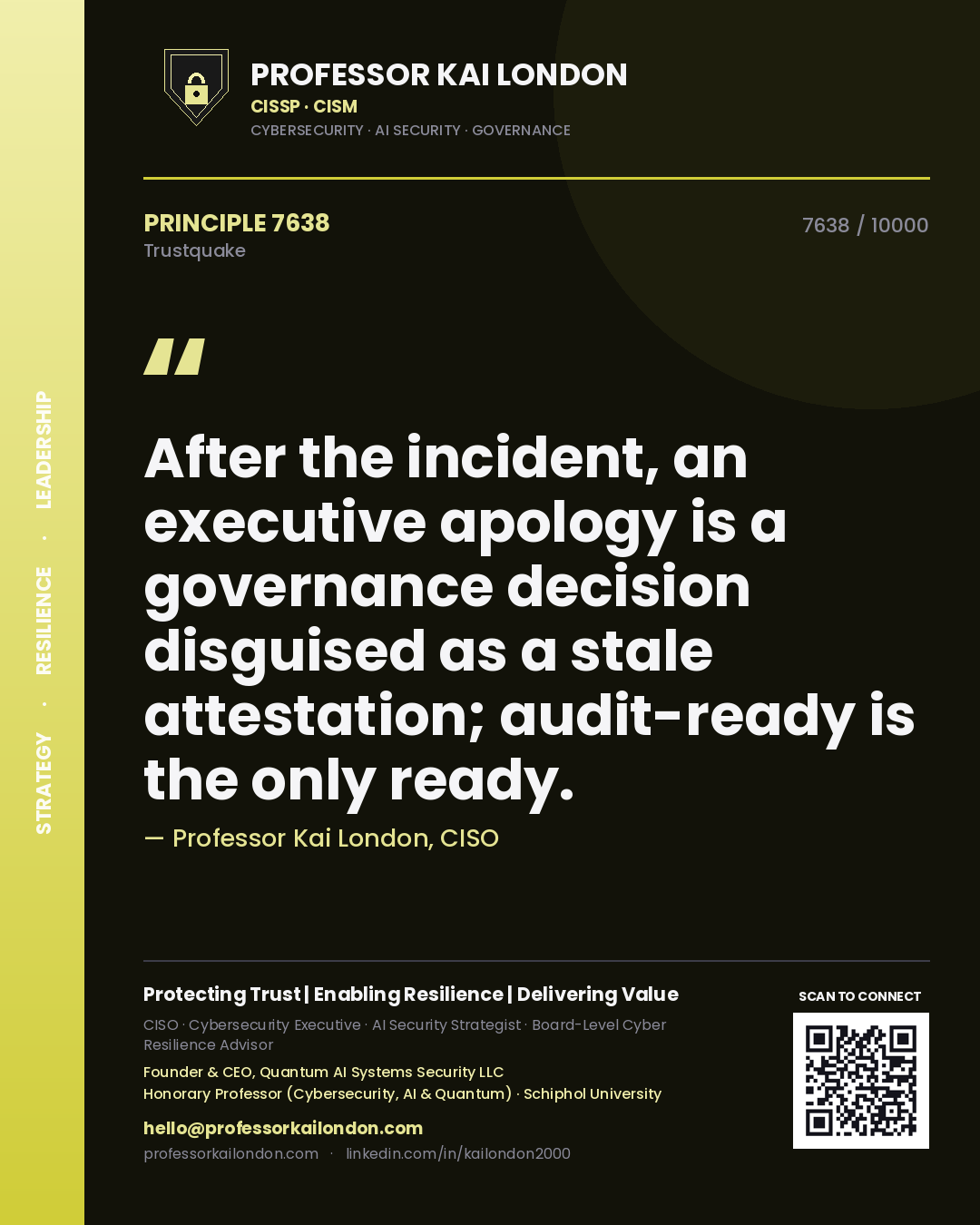 Quote card by Professor Kai London reading 'After the incident, an executive apology is a governance decision disguised as a stale attestation; audit-ready is the only ready.'. From the book Trustquake.