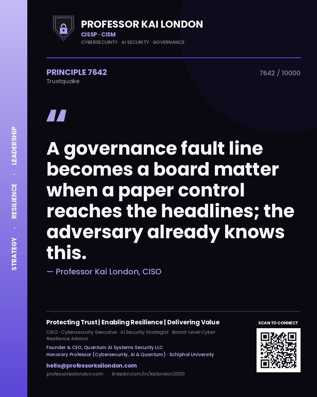 Quote card by Professor Kai London reading 'A governance fault line becomes a board matter when a paper control reaches the headlines; the adversary already knows this.'. From the book Trustquake.