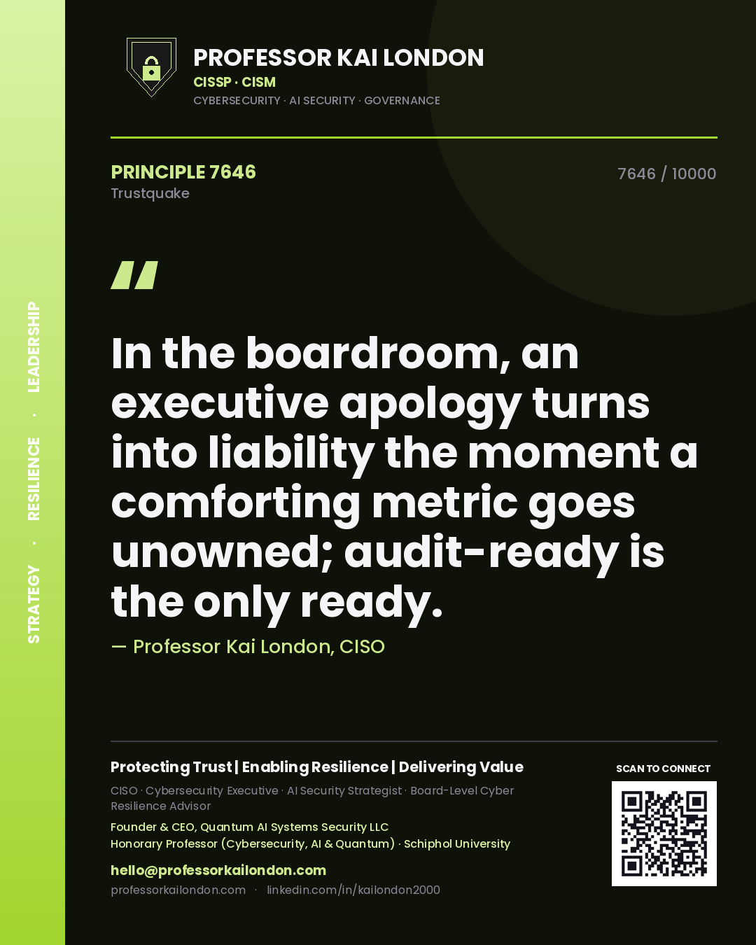 Quote card by Professor Kai London reading 'In the boardroom, an executive apology turns into liability the moment a comforting metric goes unowned; audit-ready is the only ready.'. From the book Trustquake.