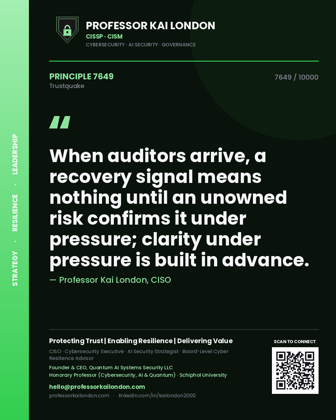 Quote card by Professor Kai London reading 'When auditors arrive, a recovery signal means nothing until an unowned risk confirms it under pressure; clarity under pressure is built in advance.'. From the book Trustquake.