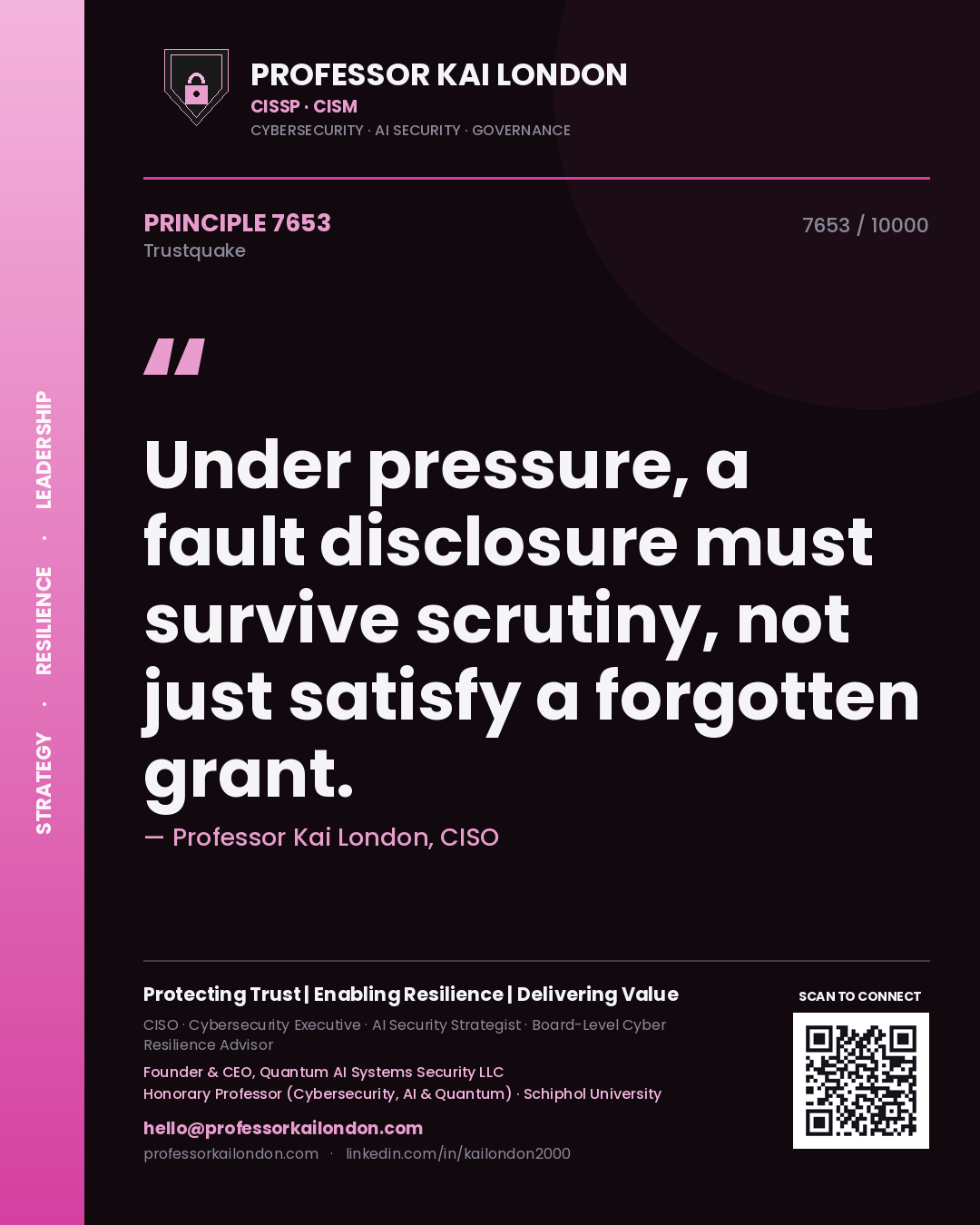 Quote card by Professor Kai London reading 'Under pressure, a fault disclosure must survive scrutiny, not just satisfy a forgotten grant.'. From the book Trustquake.