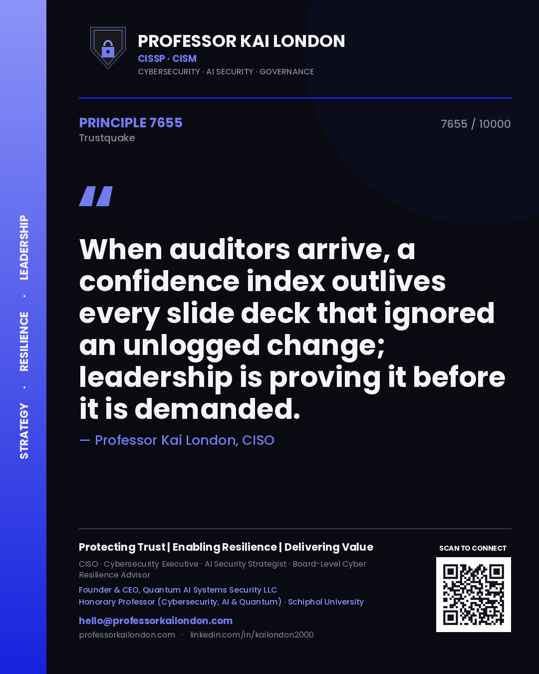 Quote card by Professor Kai London reading 'When auditors arrive, a confidence index outlives every slide deck that ignored an unlogged change; leadership is proving it before it is demanded.'. From the book Trustquake.