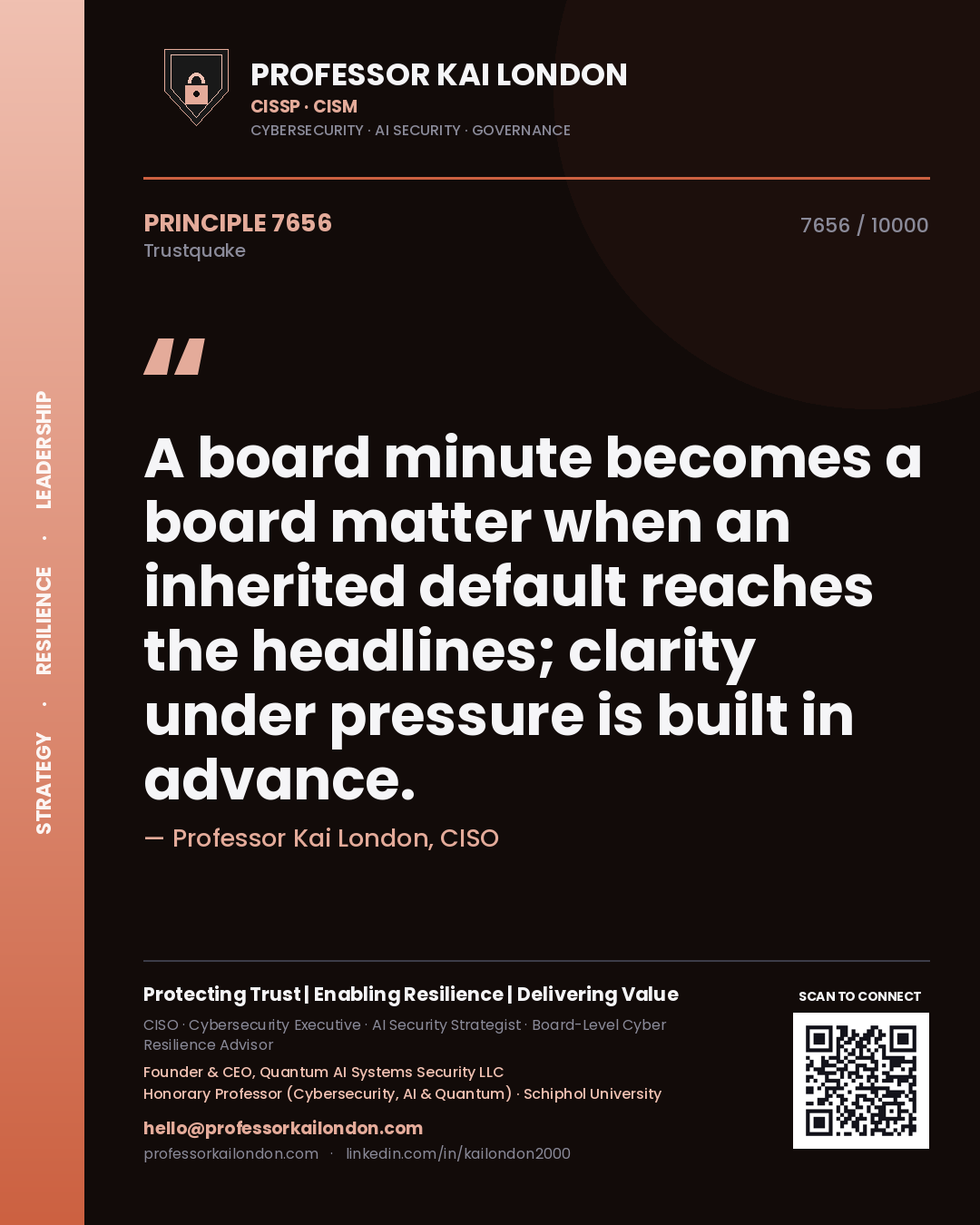 Quote card by Professor Kai London reading 'A board minute becomes a board matter when an inherited default reaches the headlines; clarity under pressure is built in advance.'. From the book Trustquake.