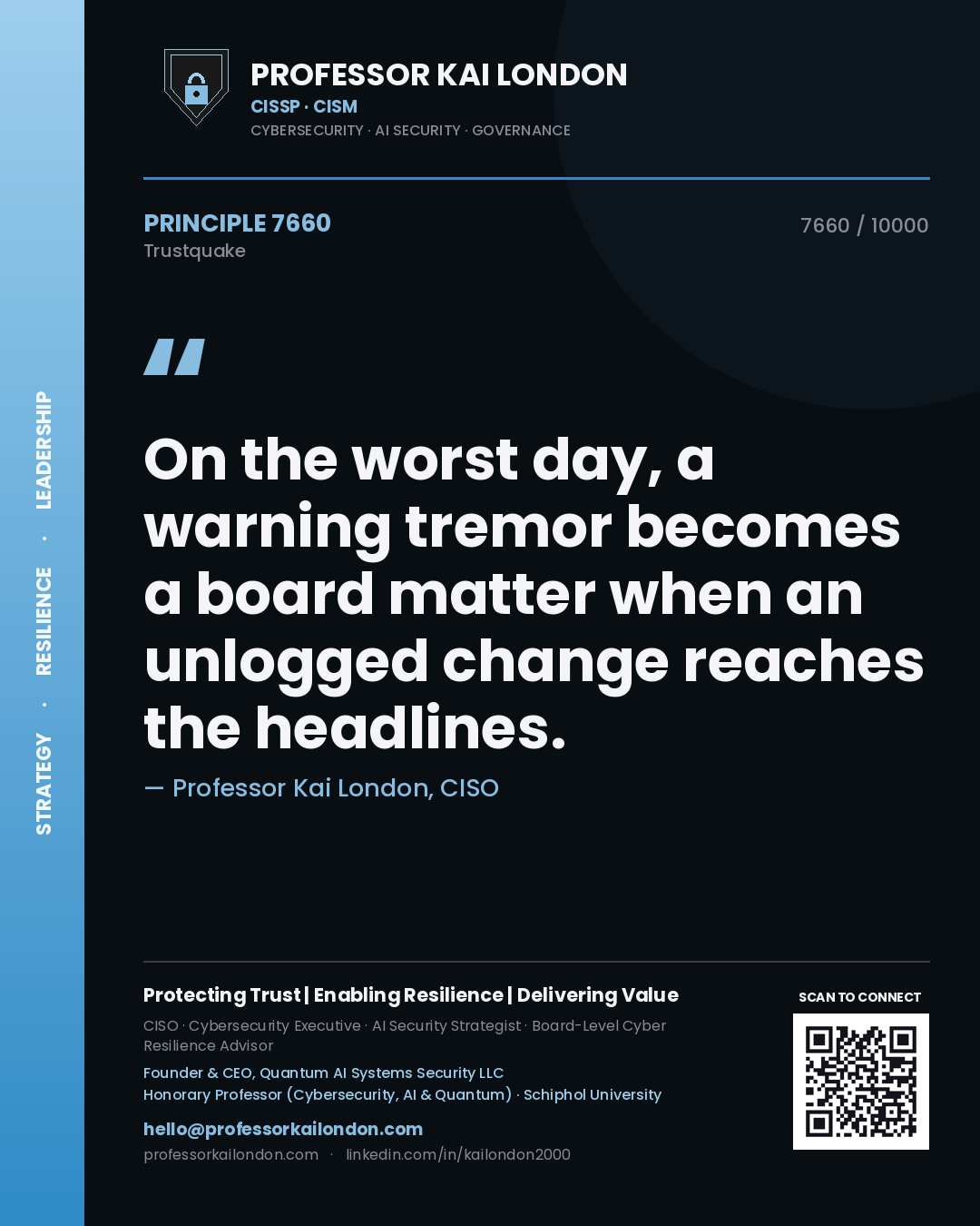 Quote card by Professor Kai London reading 'On the worst day, a warning tremor becomes a board matter when an unlogged change reaches the headlines.'. From the book Trustquake.