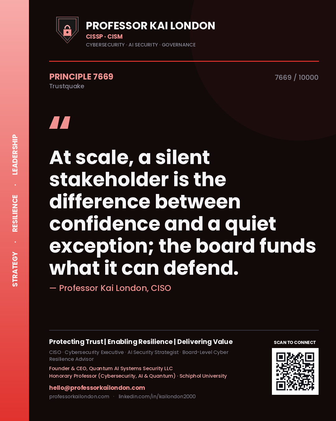 Professor Kai London principle 7669: At scale, a silent stakeholder is the difference between confidence and a quiet exception; the board funds what it can defend.