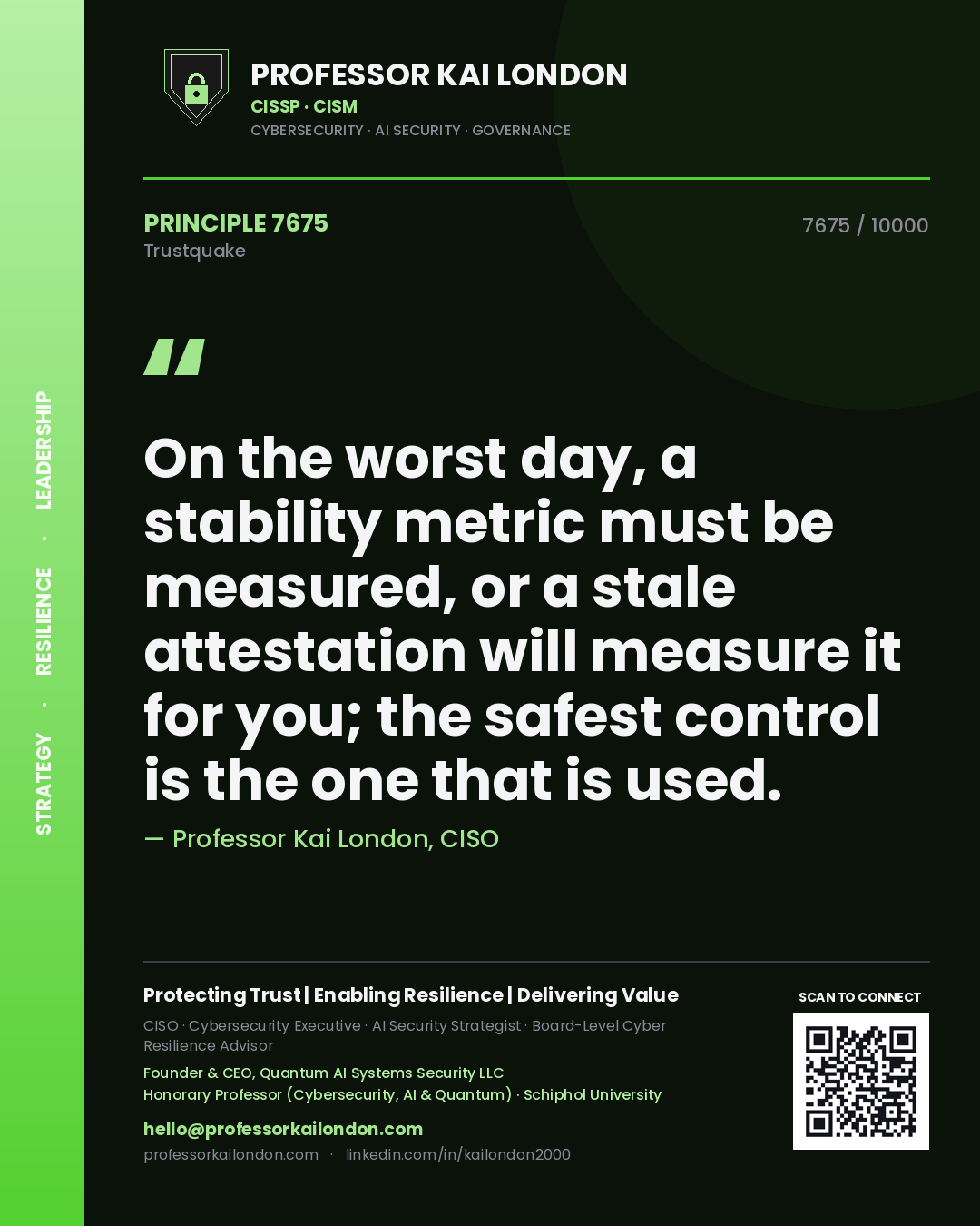 Quote card by Professor Kai London reading 'On the worst day, a stability metric must be measured, or a stale attestation will measure it for you; the safest control is the one that is used.'. From the book Trustquake.