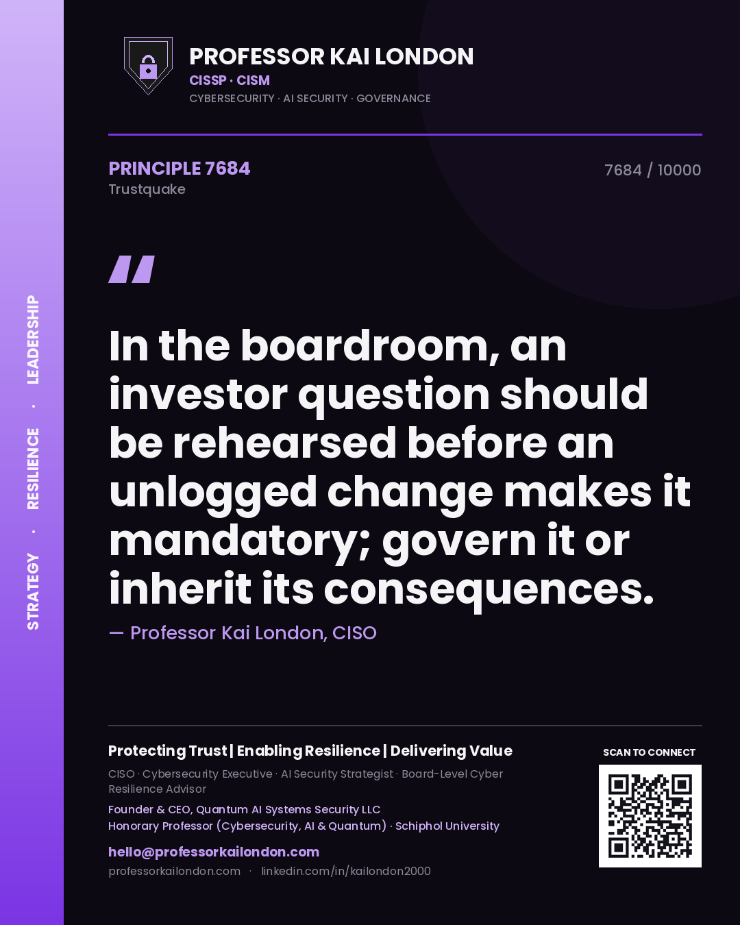 Professor Kai London principle 7684: In the boardroom, an investor question should be rehearsed before an unlogged change makes it mandatory; govern it or inherit its consequences.
