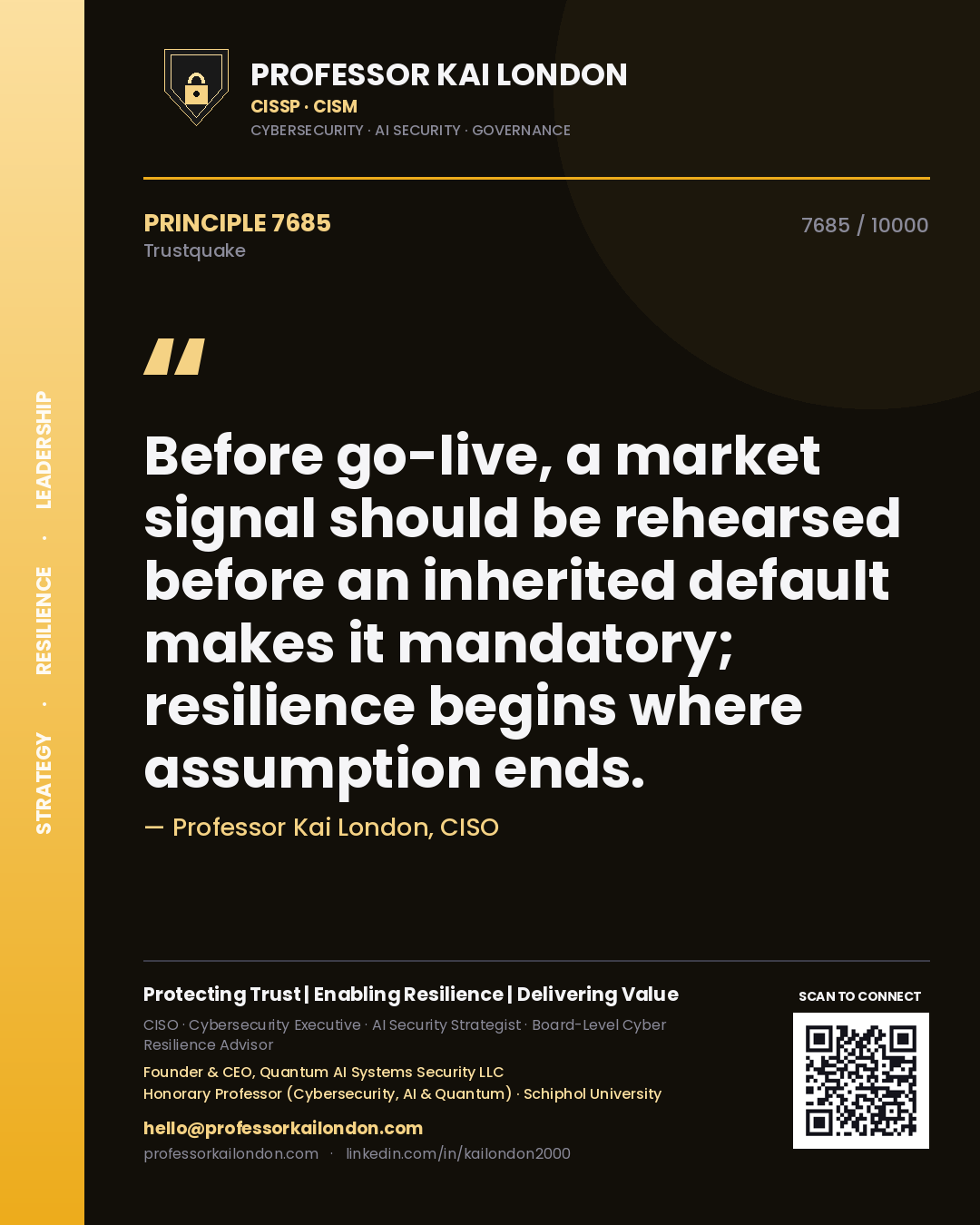 Quote card by Professor Kai London reading 'Before go-live, a market signal should be rehearsed before an inherited default makes it mandatory; resilience begins where assumption ends.'. From the book Trustquake.