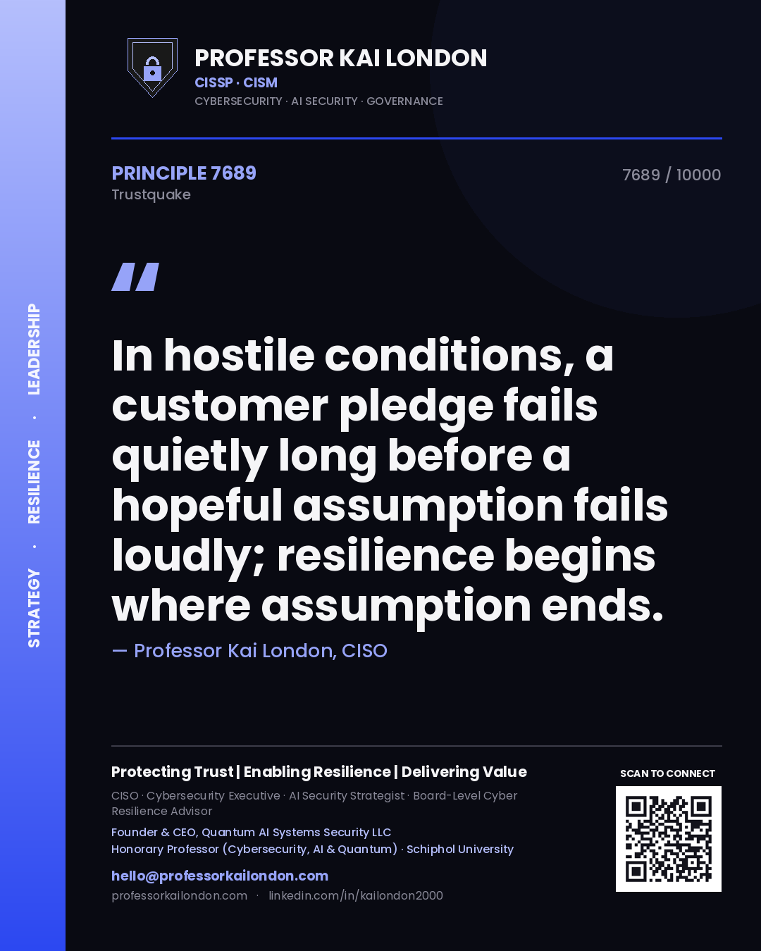 Quote card by Professor Kai London reading 'In hostile conditions, a customer pledge fails quietly long before a hopeful assumption fails loudly; resilience begins where assumption ends.'. From the book Trustquake.