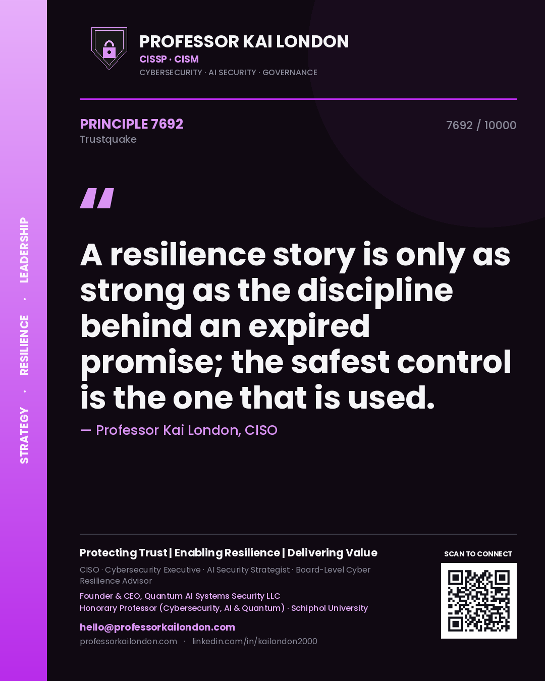 Quote card by Professor Kai London reading 'A resilience story is only as strong as the discipline behind an expired promise; the safest control is the one that is used.'. From the book Trustquake.