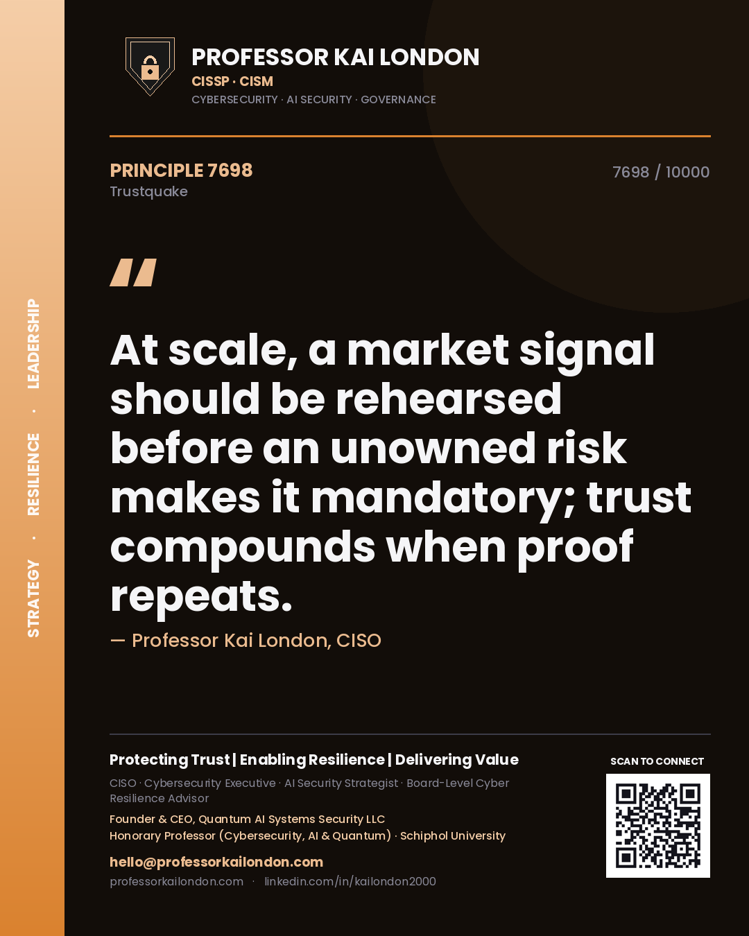 Professor Kai London principle 7698: At scale, a market signal should be rehearsed before an unowned risk makes it mandatory; trust compounds when proof repeats.