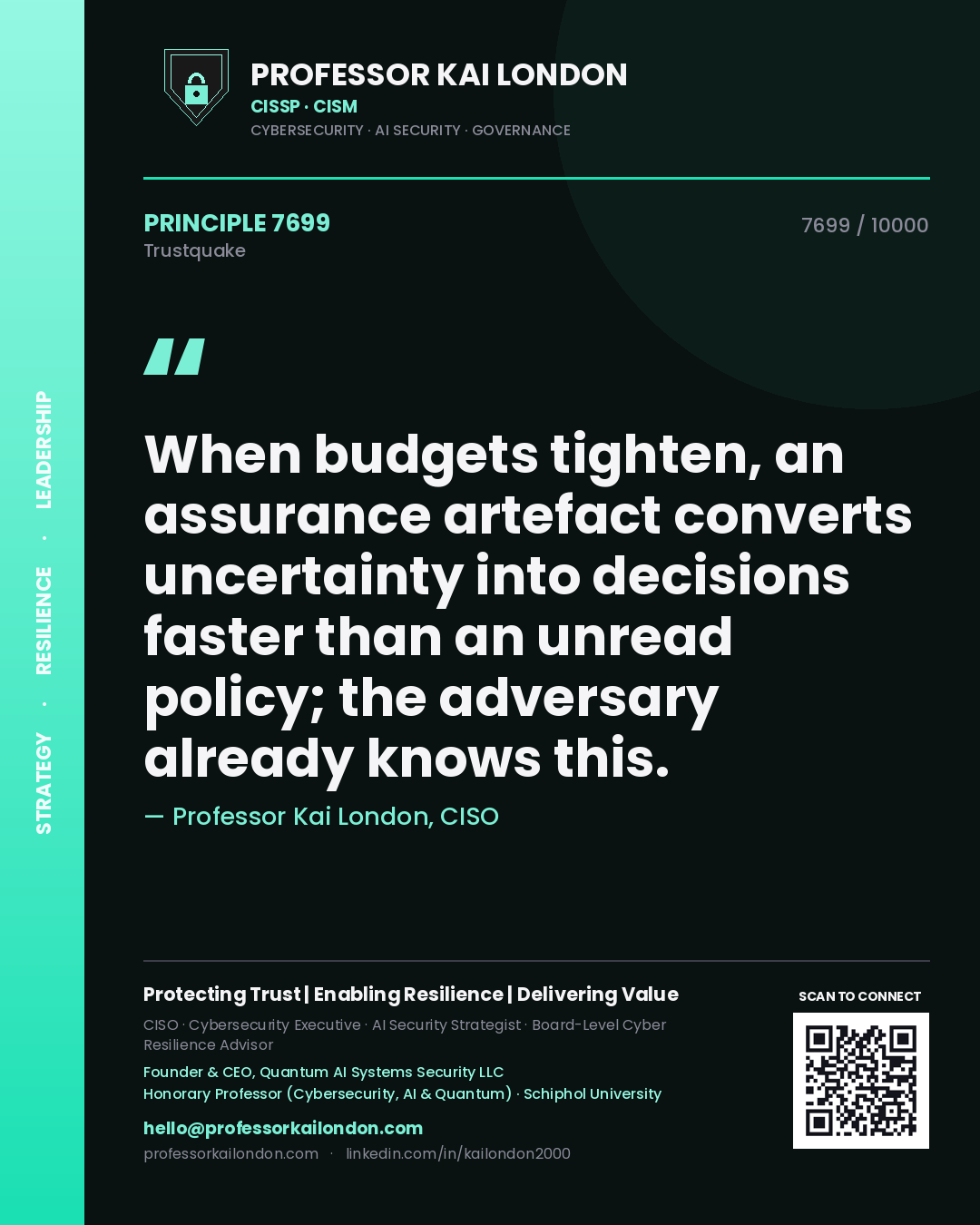 Professor Kai London principle 7699: When budgets tighten, an assurance artefact converts uncertainty into decisions faster than an unread policy; the adversary already knows this.