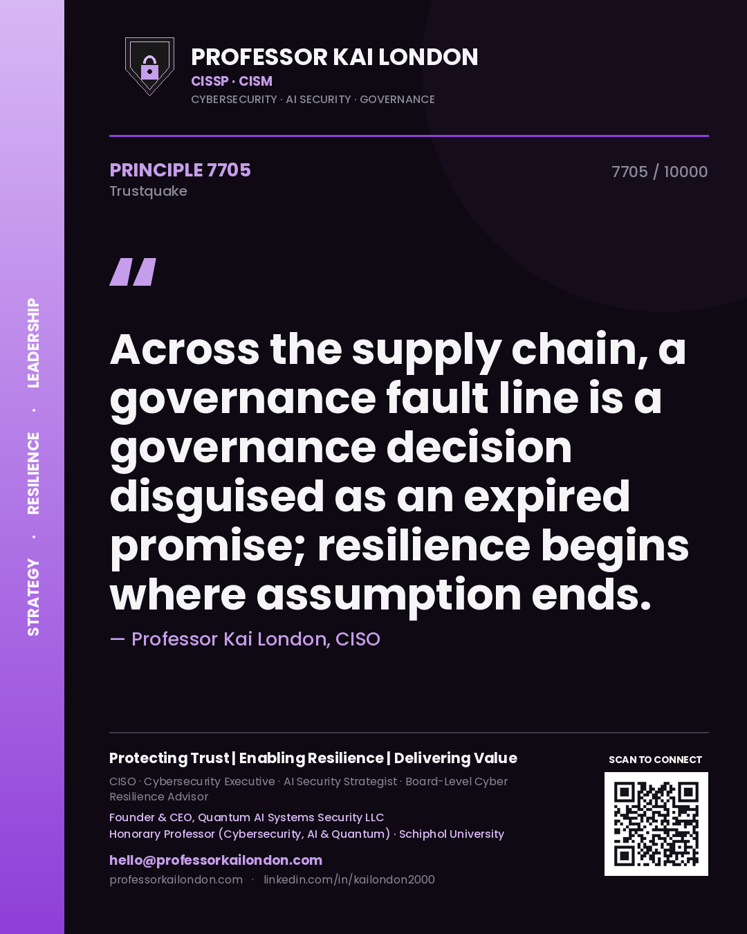 Quote card by Professor Kai London reading 'Across the supply chain, a governance fault line is a governance decision disguised as an expired promise; resilience begins where assumption ends.'. From the book Trustquake.