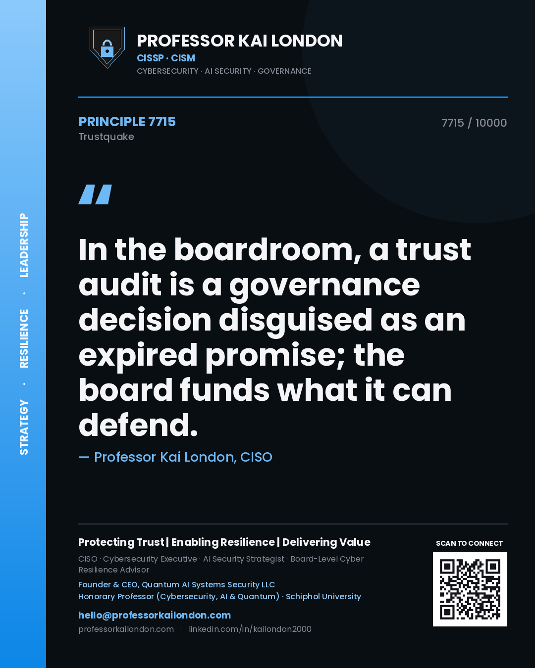 Professor Kai London principle 7715: In the boardroom, a trust audit is a governance decision disguised as an expired promise; the board funds what it can defend.