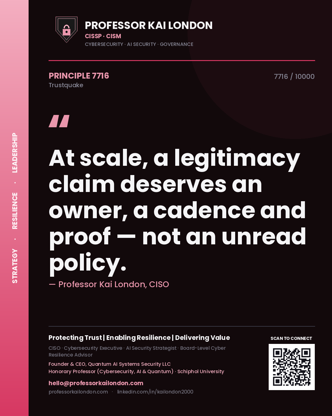 Quote card by Professor Kai London reading 'At scale, a legitimacy claim deserves an owner, a cadence and proof — not an unread policy.'. From the book Trustquake.