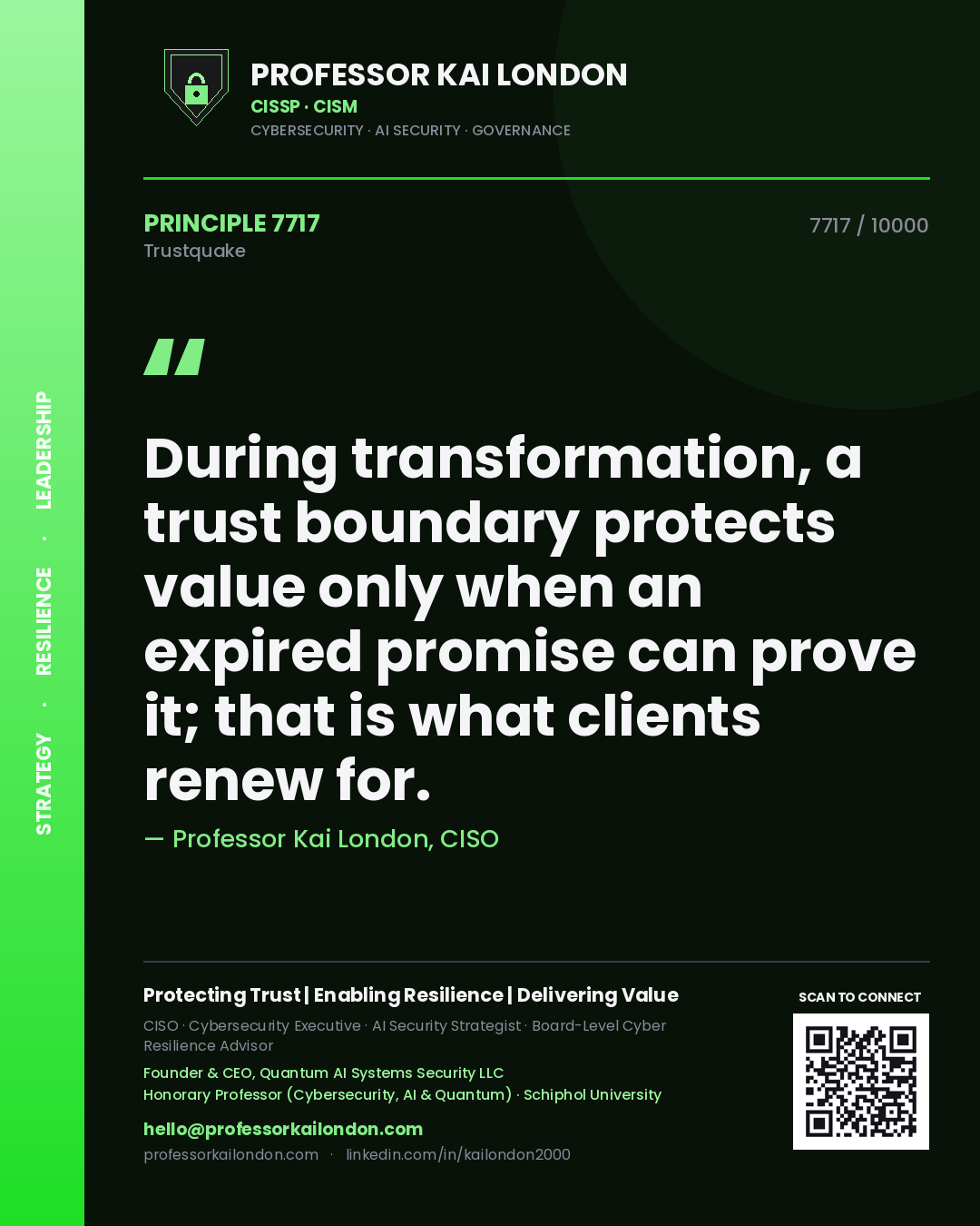 Quote card by Professor Kai London reading 'During transformation, a trust boundary protects value only when an expired promise can prove it; that is what clients renew for.'. From the book Trustquake.