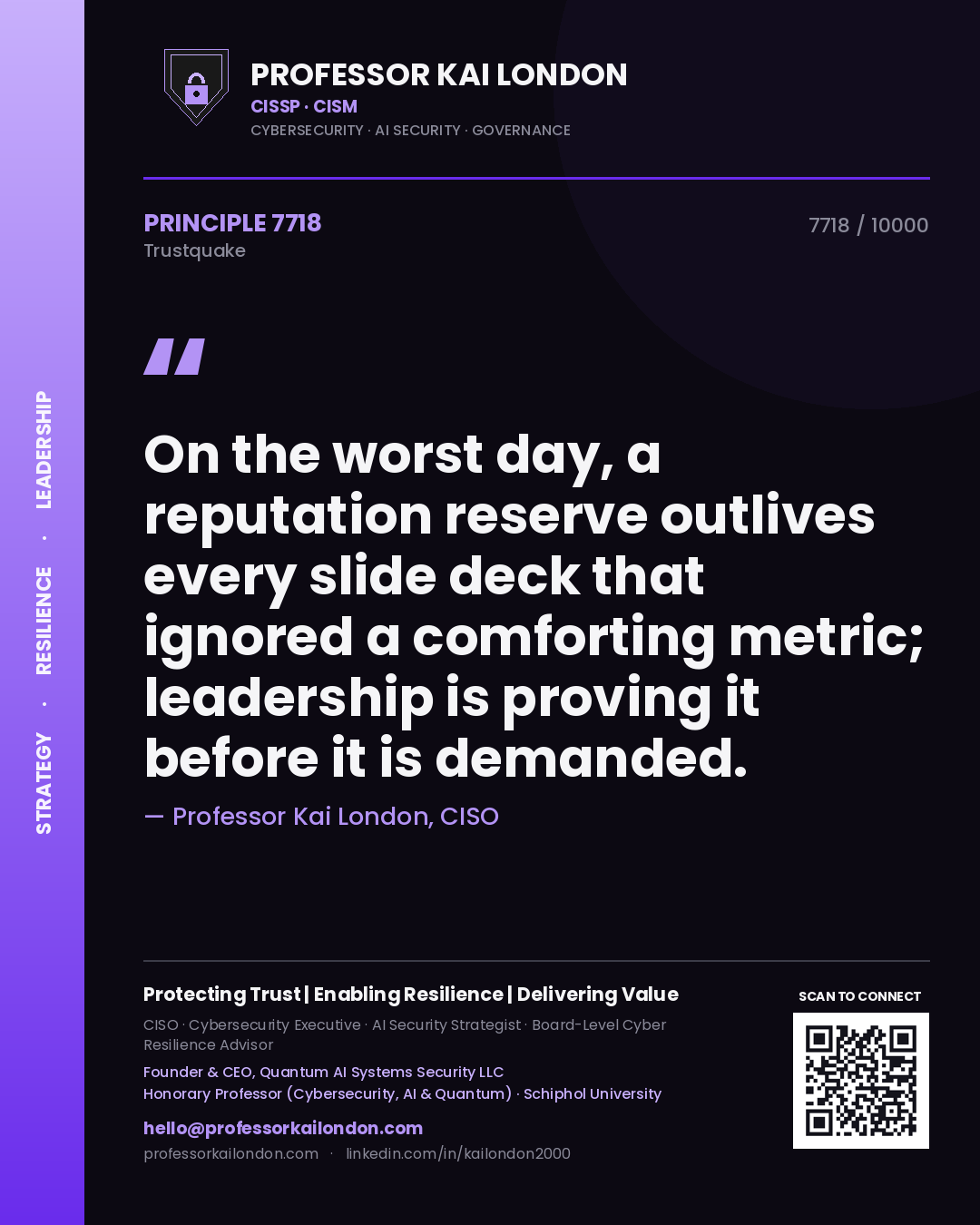 Professor Kai London principle 7718: On the worst day, a reputation reserve outlives every slide deck that ignored a comforting metric; leadership is proving it before it is demanded.