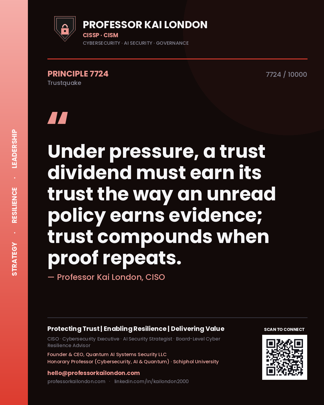 Professor Kai London principle 7724: Under pressure, a trust dividend must earn its trust the way an unread policy earns evidence; trust compounds when proof repeats.