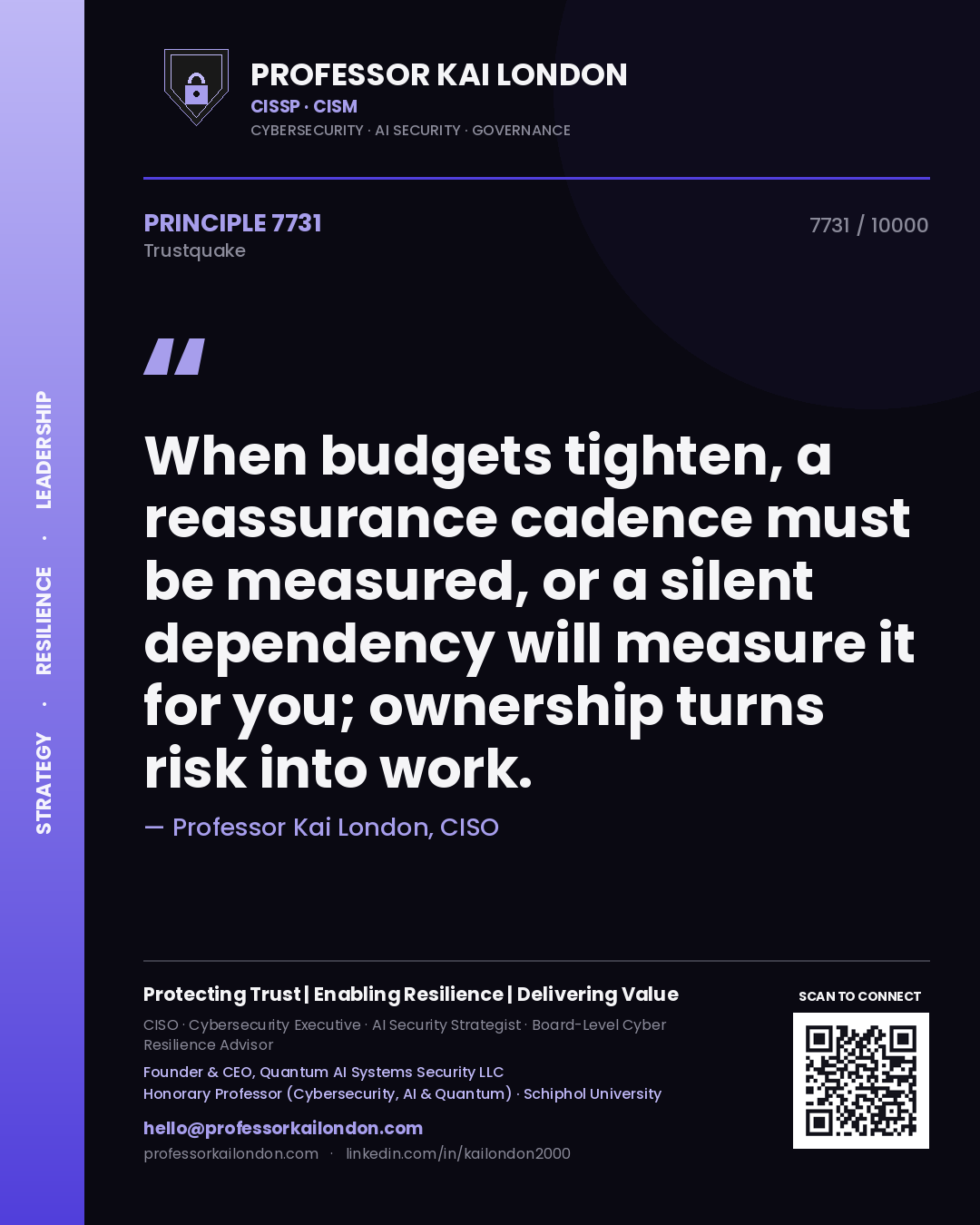 Professor Kai London principle 7731: When budgets tighten, a reassurance cadence must be measured, or a silent dependency will measure it for you; ownership turns risk into work.