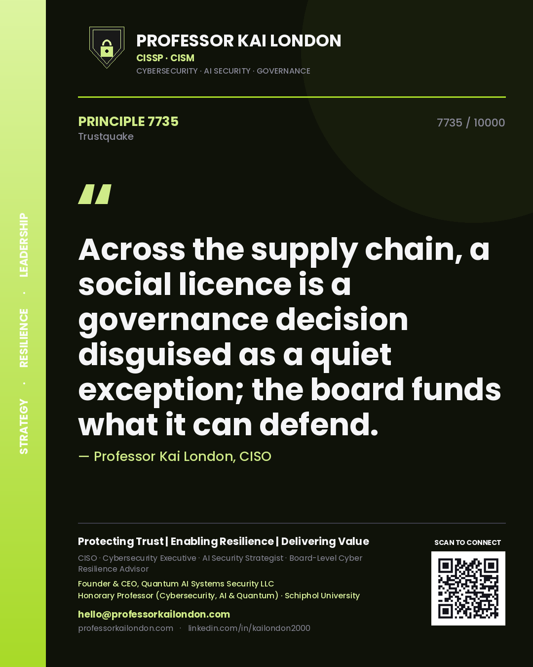 Quote card by Professor Kai London reading 'Across the supply chain, a social licence is a governance decision disguised as a quiet exception; the board funds what it can defend.'. From the book Trustquake.