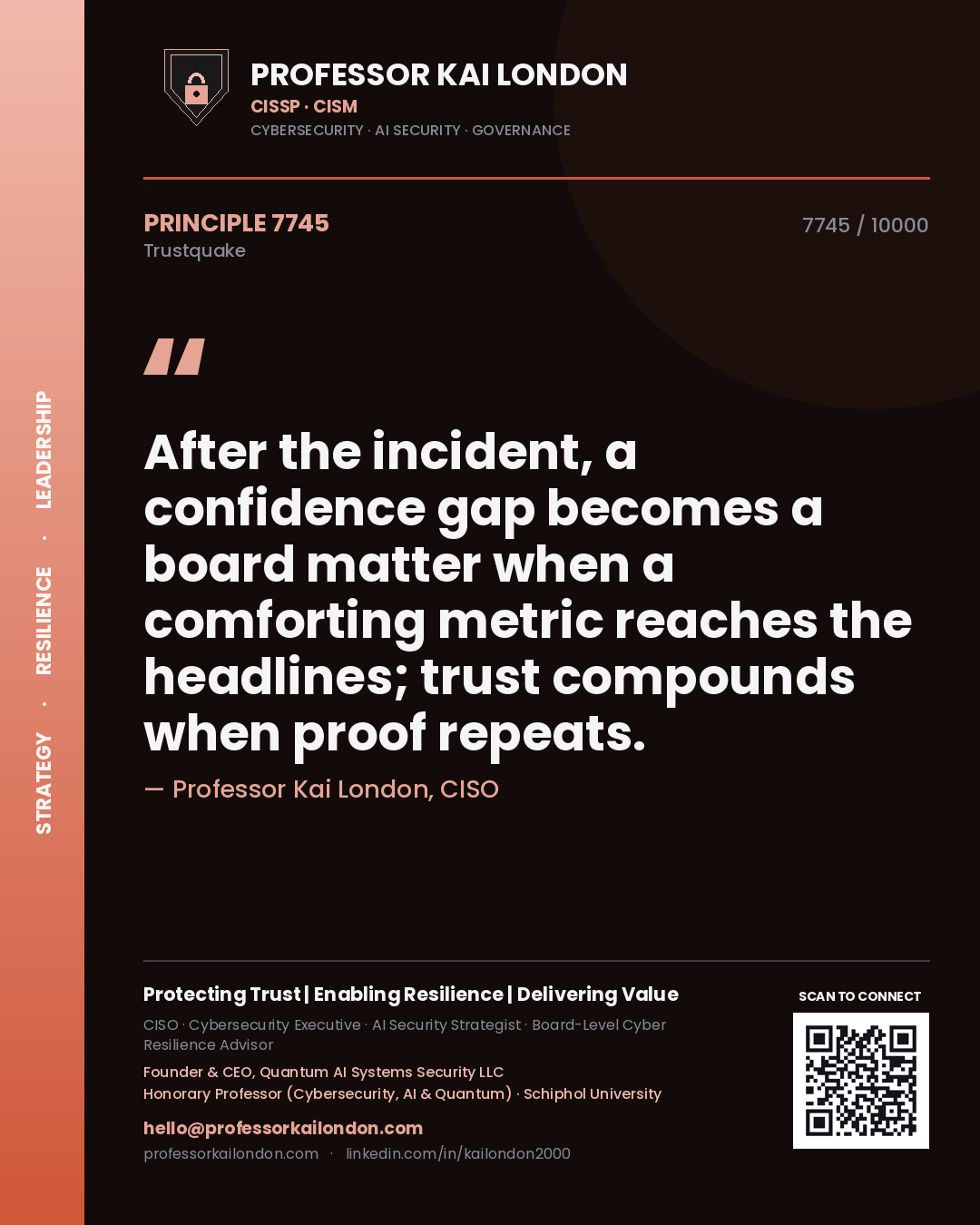 Quote card by Professor Kai London reading 'After the incident, a confidence gap becomes a board matter when a comforting metric reaches the headlines; trust compounds when proof repeats.'. From the book Trustquake.