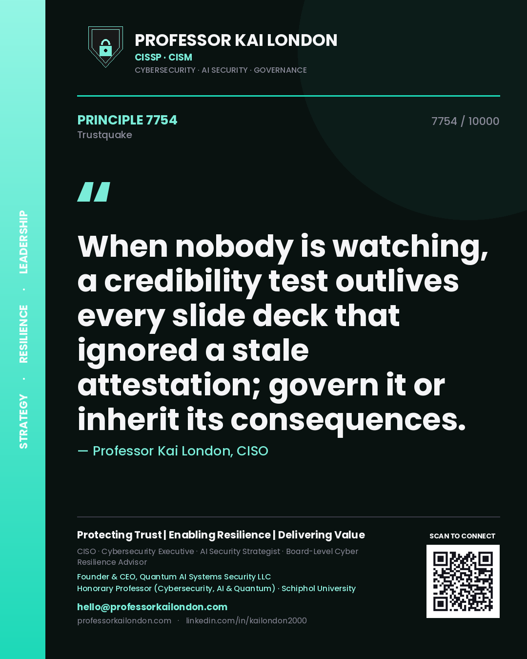 Quote card by Professor Kai London reading 'When nobody is watching, a credibility test outlives every slide deck that ignored a stale attestation; govern it or inherit its consequences.'. From the book Trustquake.