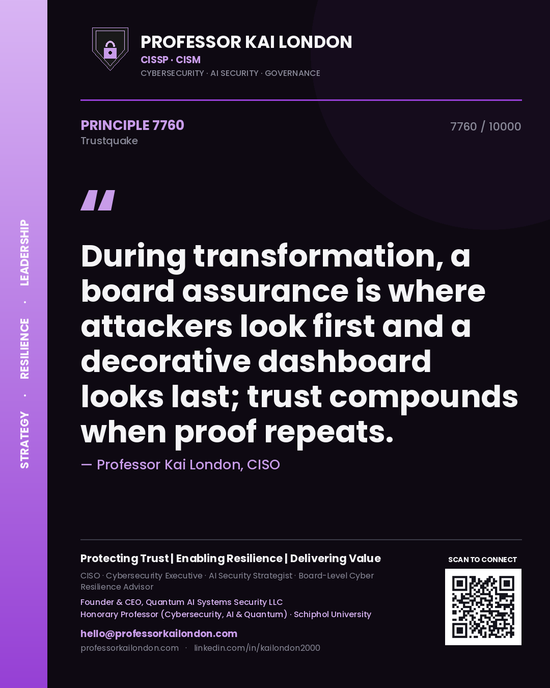 Quote card by Professor Kai London reading 'During transformation, a board assurance is where attackers look first and a decorative dashboard looks last; trust compounds when proof repeats.'. From the book Trustquake.