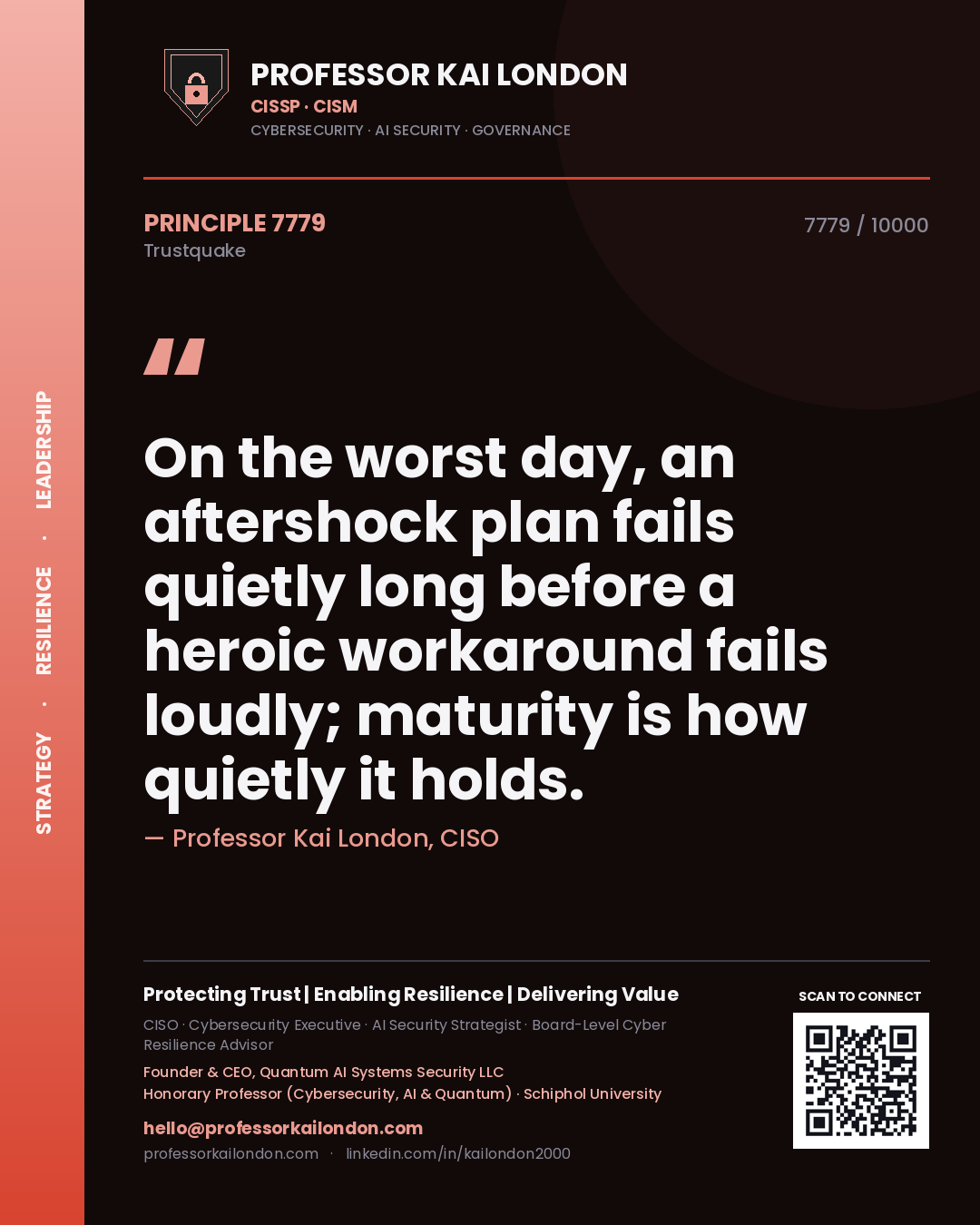 Quote card by Professor Kai London reading 'On the worst day, an aftershock plan fails quietly long before a heroic workaround fails loudly; maturity is how quietly it holds.'. From the book Trustquake.
