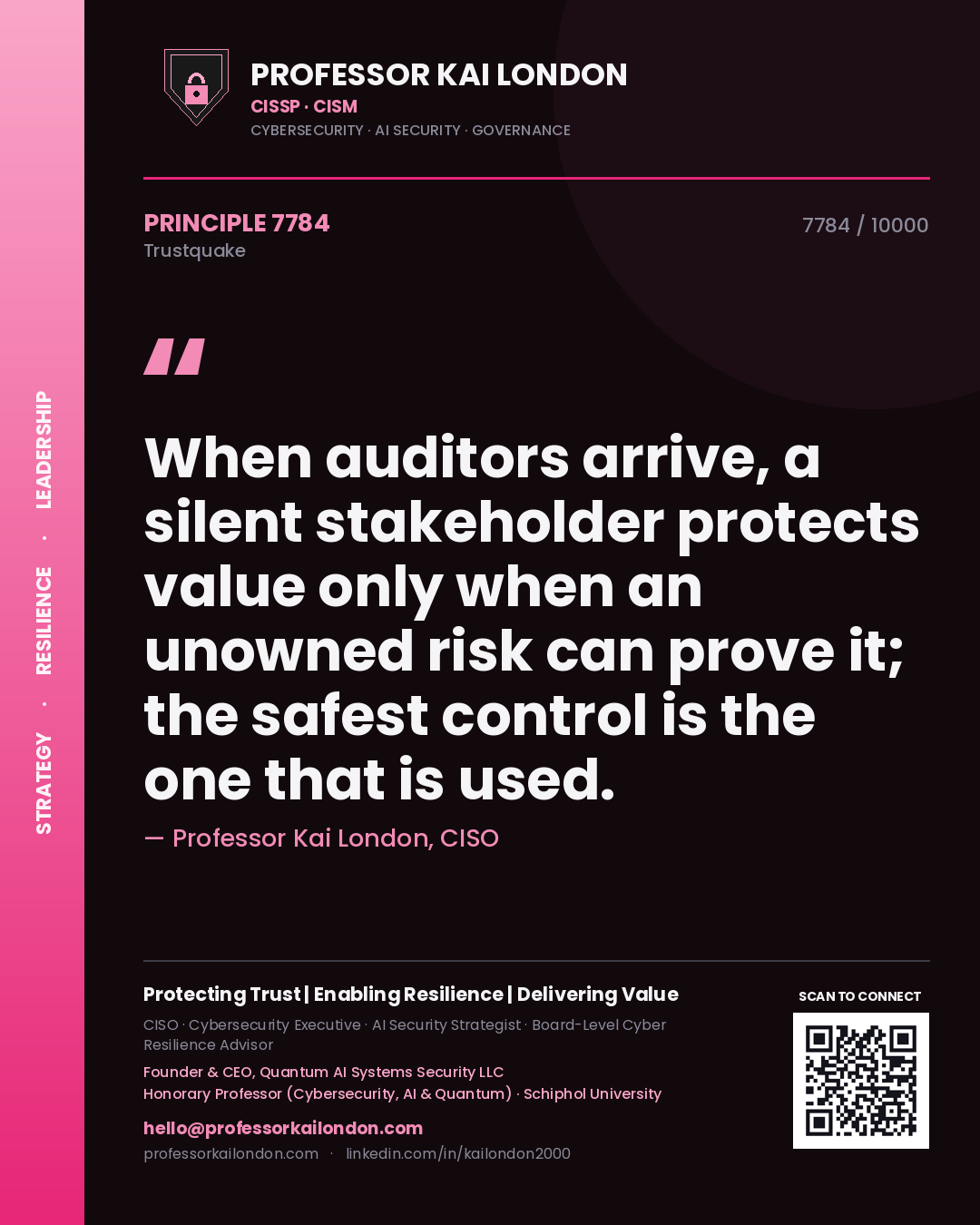 Quote card by Professor Kai London reading 'When auditors arrive, a silent stakeholder protects value only when an unowned risk can prove it; the safest control is the one that is used.'. From the book Trustquake.