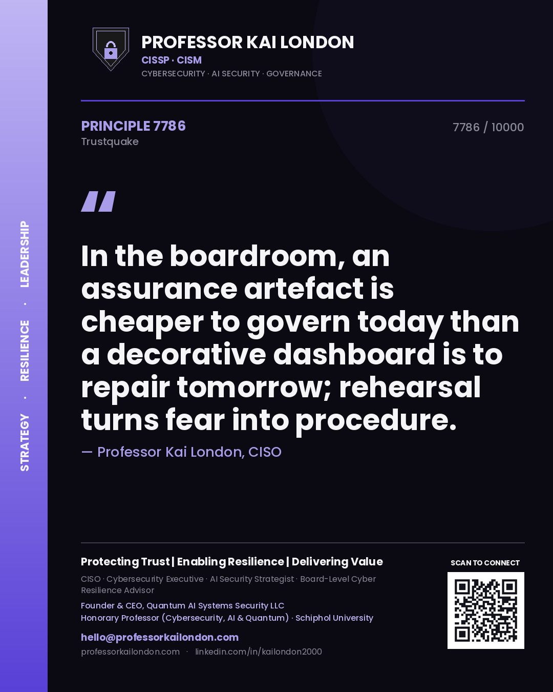 Quote card by Professor Kai London reading 'In the boardroom, an assurance artefact is cheaper to govern today than a decorative dashboard is to repair tomorrow; rehearsal turns fear into procedure.'. From the book Trustquake.
