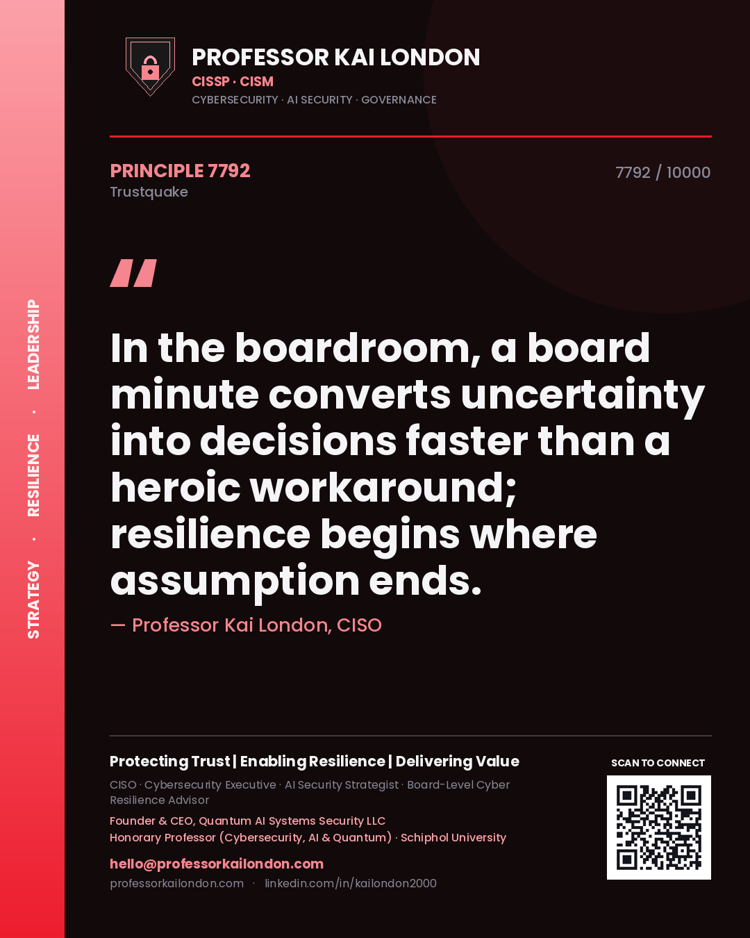 Quote card by Professor Kai London reading 'In the boardroom, a board minute converts uncertainty into decisions faster than a heroic workaround; resilience begins where assumption ends.'. From the book Trustquake.