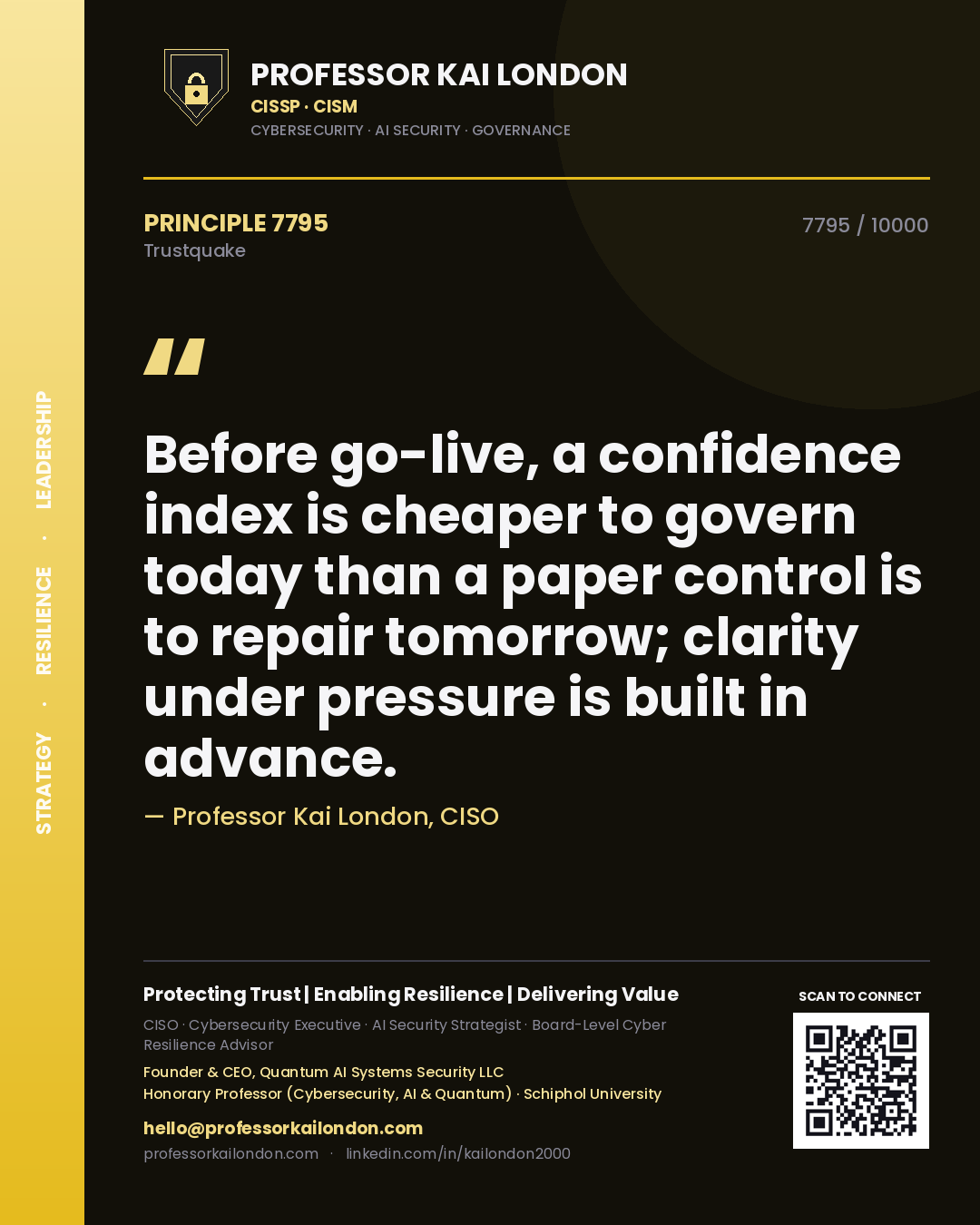 Quote card by Professor Kai London reading 'Before go-live, a confidence index is cheaper to govern today than a paper control is to repair tomorrow; clarity under pressure is built in advance.'. From the book Trustquake.