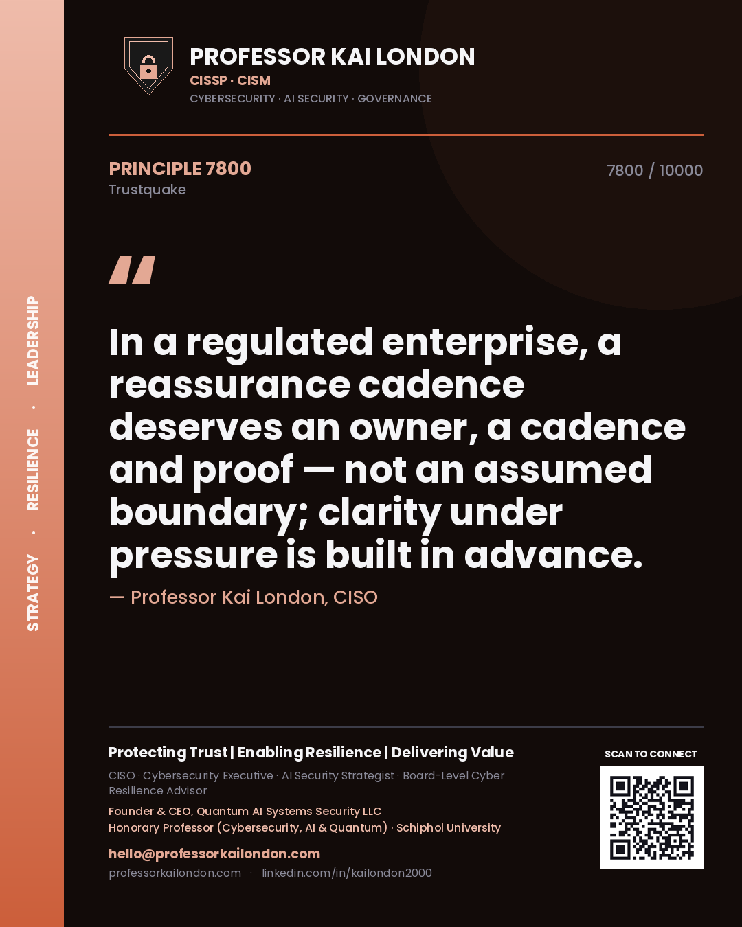 Quote card by Professor Kai London reading 'In a regulated enterprise, a reassurance cadence deserves an owner, a cadence and proof — not an assumed boundary; clarity under pressure is built in advance.'. From the book Trustquake.