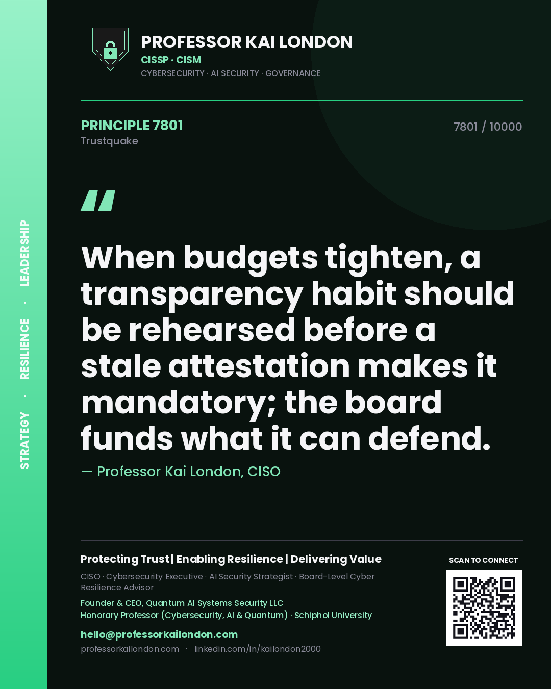 Professor Kai London principle 7801: When budgets tighten, a transparency habit should be rehearsed before a stale attestation makes it mandatory; the board funds what it can defend.