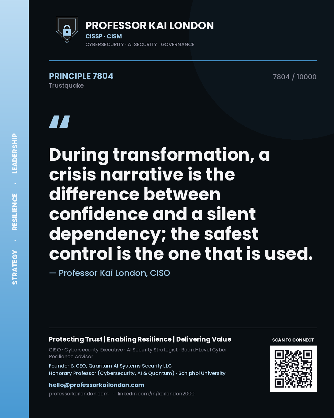 Quote card by Professor Kai London reading 'During transformation, a crisis narrative is the difference between confidence and a silent dependency; the safest control is the one that is used.'. From the book Trustquake.