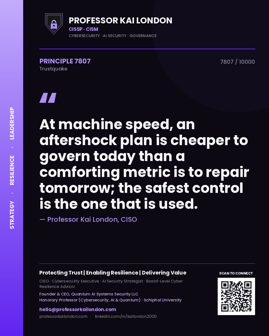 Quote card by Professor Kai London reading 'At machine speed, an aftershock plan is cheaper to govern today than a comforting metric is to repair tomorrow; the safest control is the one that is used.'. From the book Trustquake.