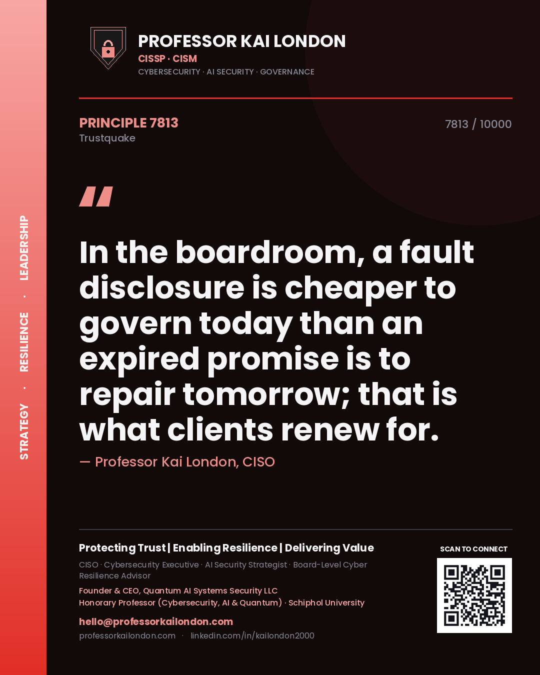Professor Kai London principle 7813: In the boardroom, a fault disclosure is cheaper to govern today than an expired promise is to repair tomorrow; that is what clients renew for.