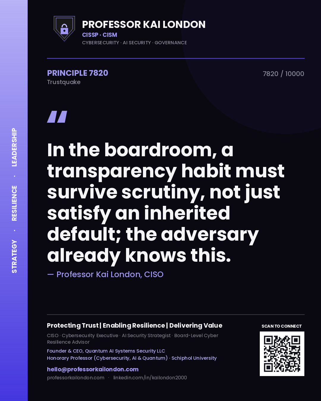 Quote card by Professor Kai London reading 'In the boardroom, a transparency habit must survive scrutiny, not just satisfy an inherited default; the adversary already knows this.'. From the book Trustquake.