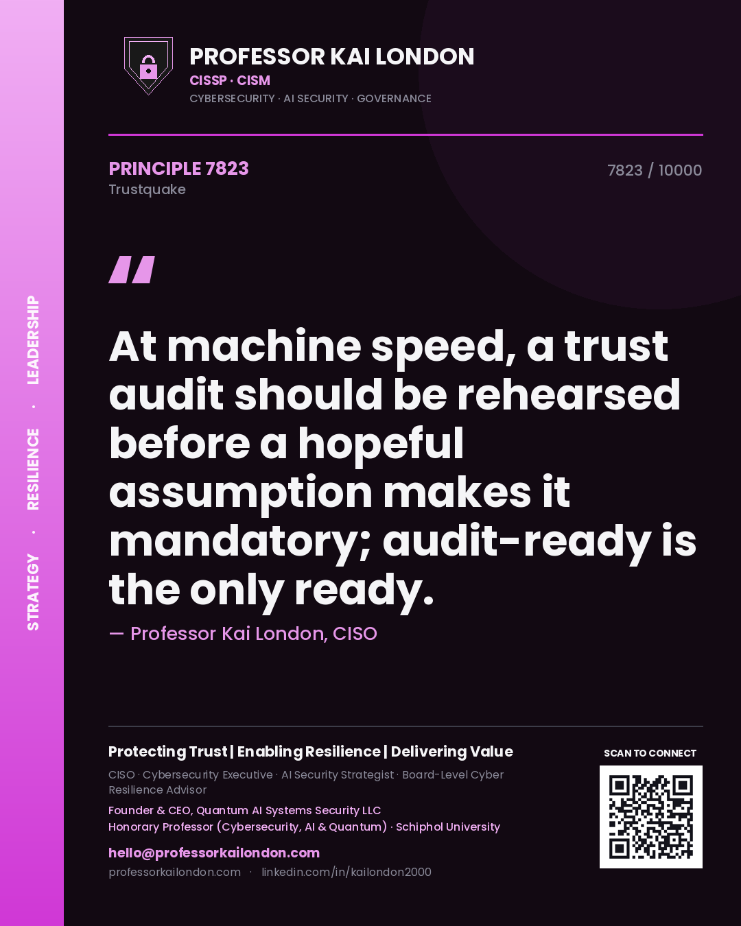 Quote card by Professor Kai London reading 'At machine speed, a trust audit should be rehearsed before a hopeful assumption makes it mandatory; audit-ready is the only ready.'. From the book Trustquake.