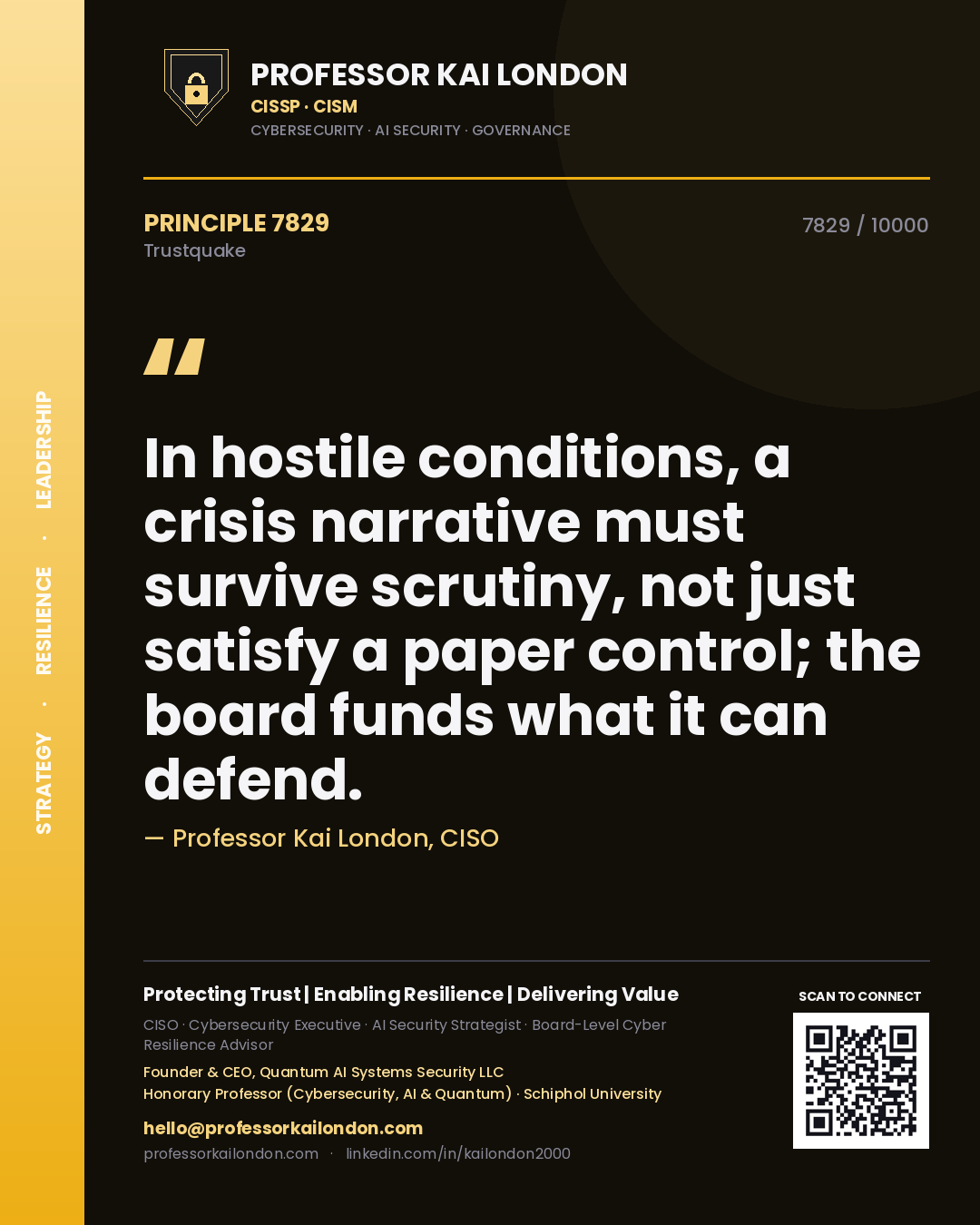 Professor Kai London principle 7829: In hostile conditions, a crisis narrative must survive scrutiny, not just satisfy a paper control; the board funds what it can defend.