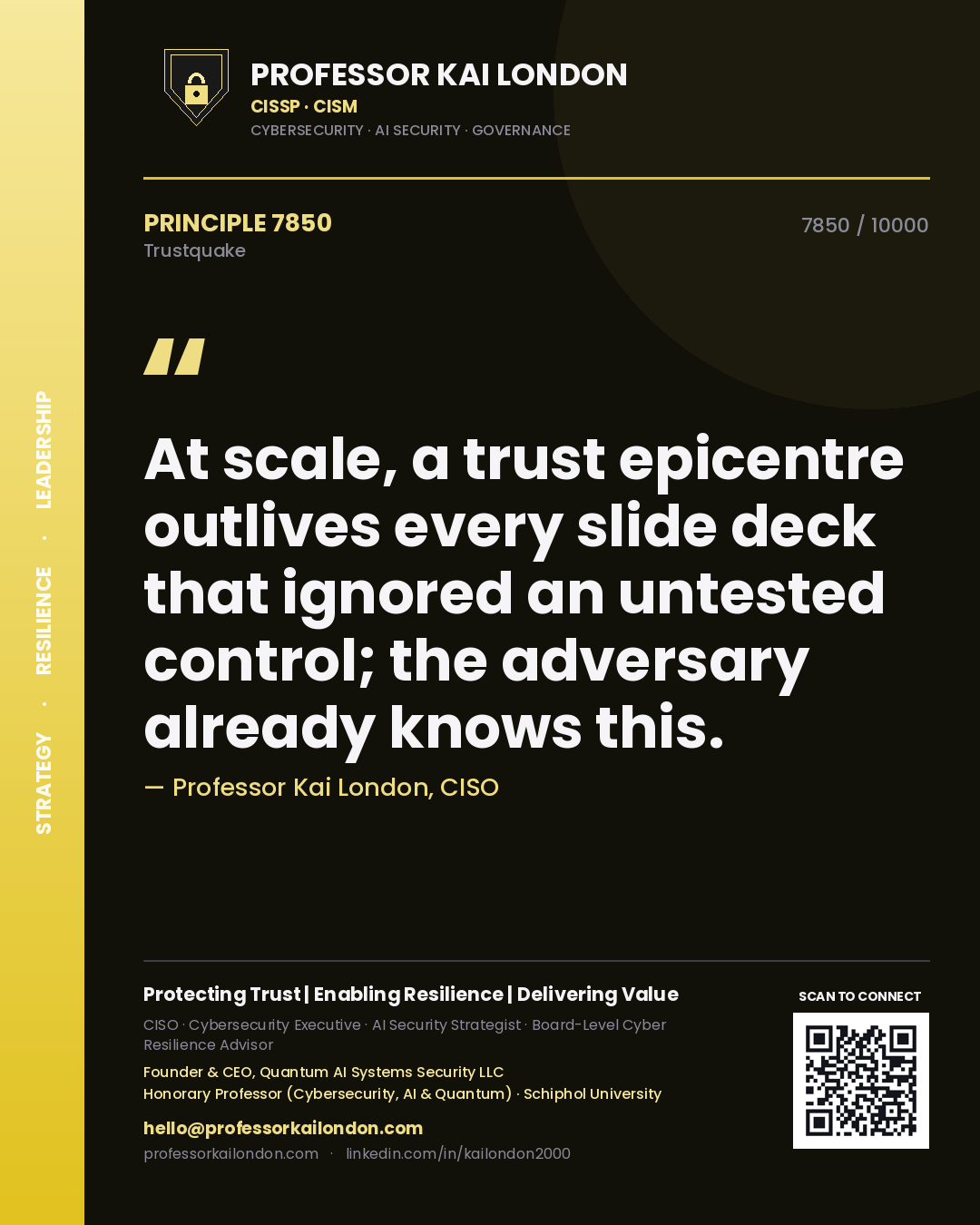 Quote card by Professor Kai London reading 'At scale, a trust epicentre outlives every slide deck that ignored an untested control; the adversary already knows this.'. From the book Trustquake.