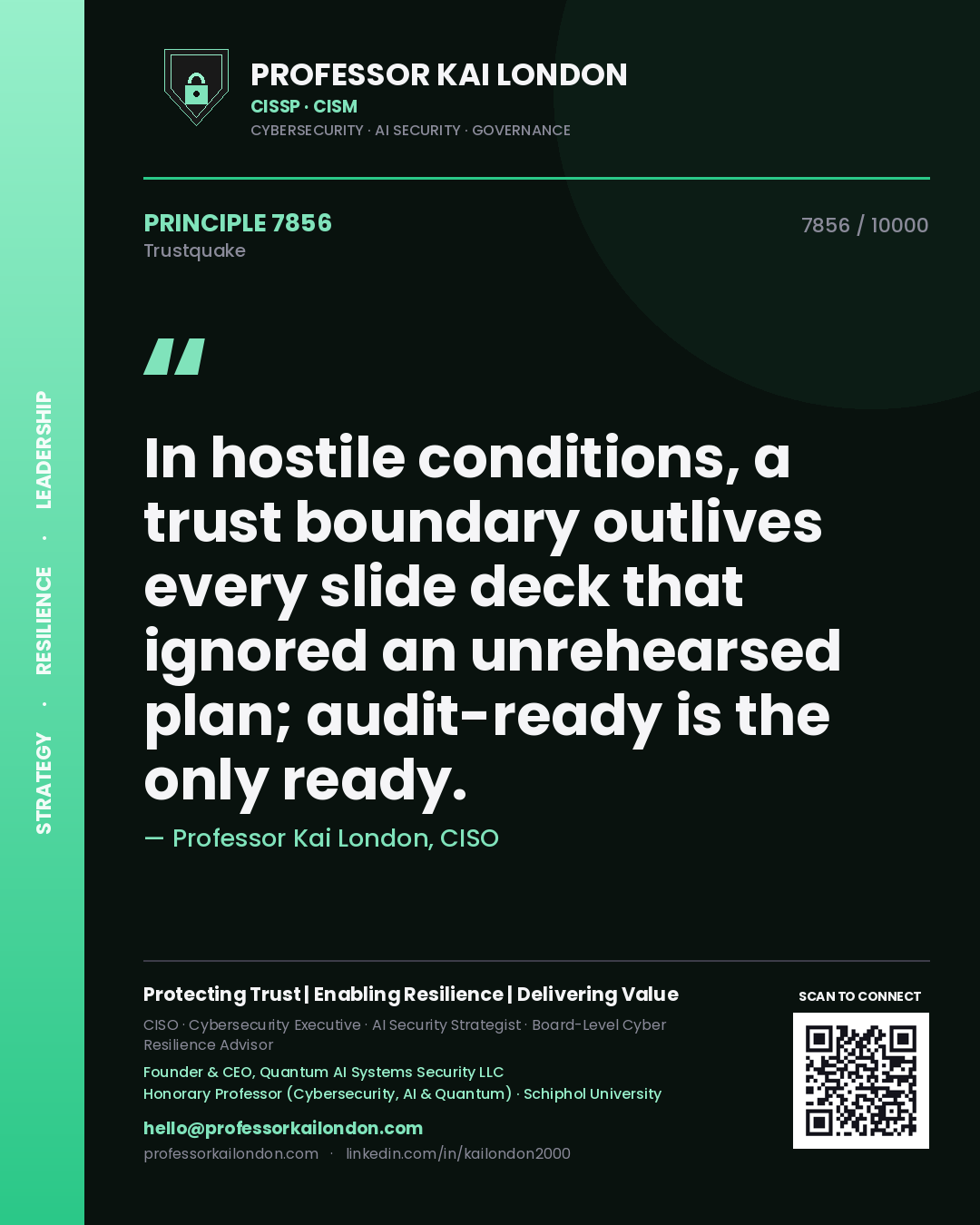 Quote card by Professor Kai London reading 'In hostile conditions, a trust boundary outlives every slide deck that ignored an unrehearsed plan; audit-ready is the only ready.'. From the book Trustquake.