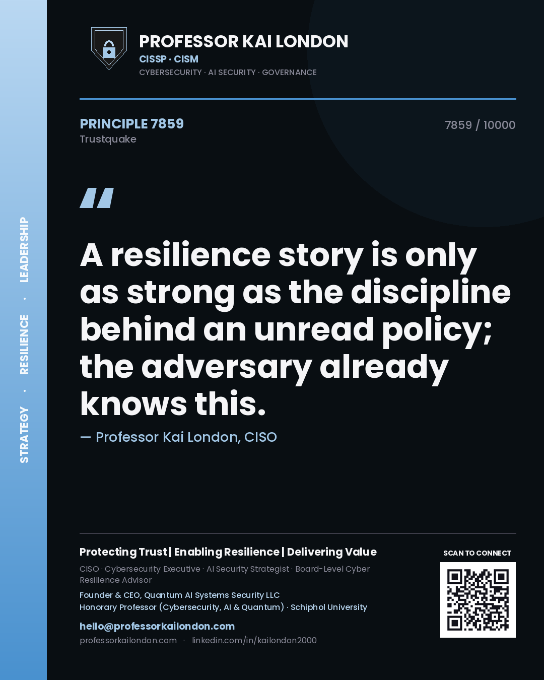Professor Kai London principle 7859: A resilience story is only as strong as the discipline behind an unread policy; the adversary already knows this.