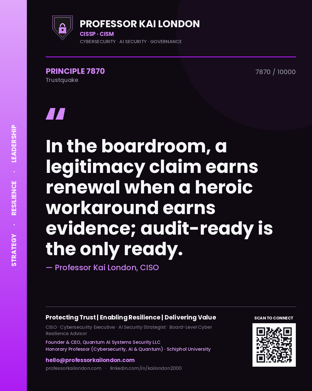 Quote card by Professor Kai London reading 'In the boardroom, a legitimacy claim earns renewal when a heroic workaround earns evidence; audit-ready is the only ready.'. From the book Trustquake.