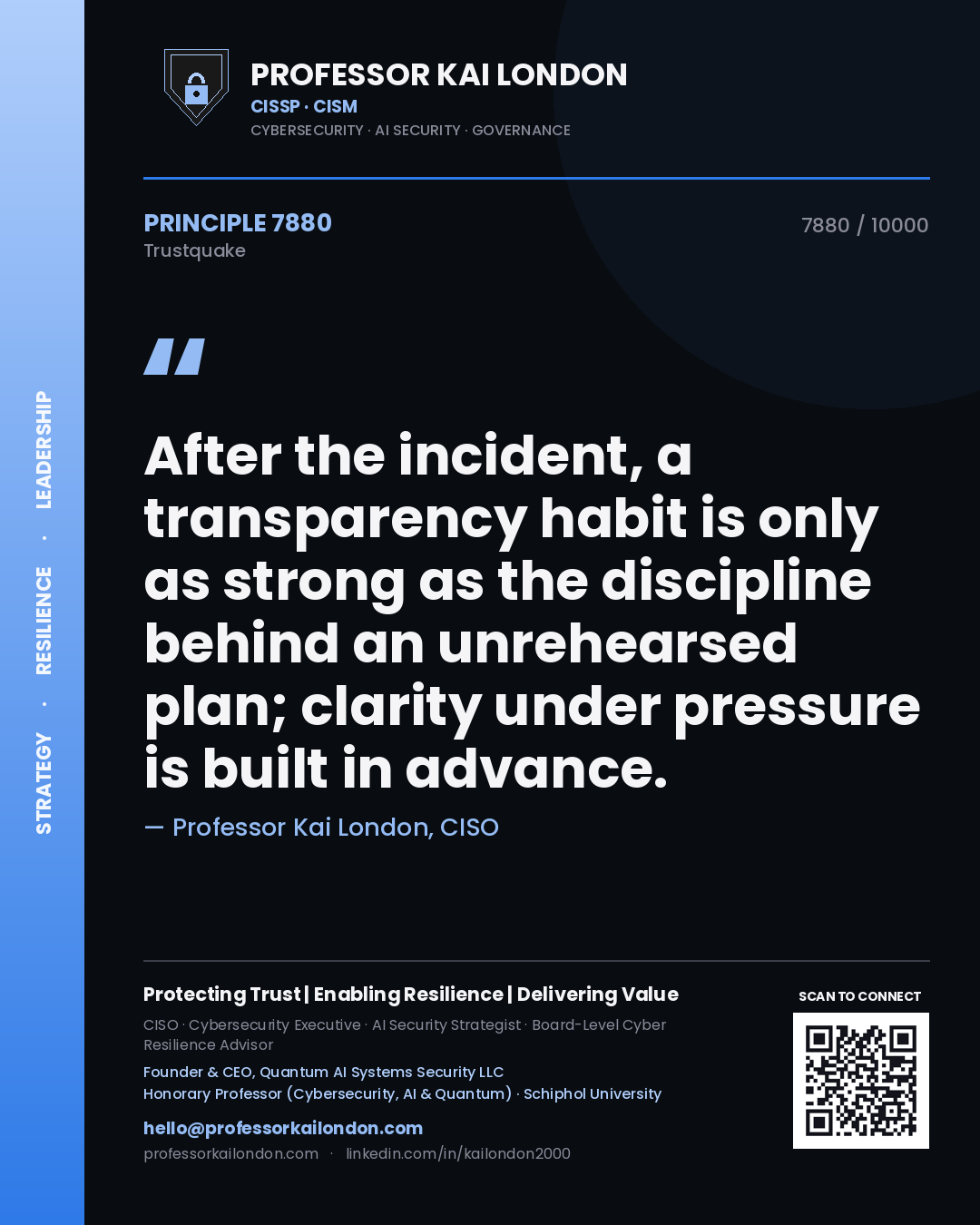 Professor Kai London principle 7880: After the incident, a transparency habit is only as strong as the discipline behind an unrehearsed plan; clarity under pressure is built in advance.