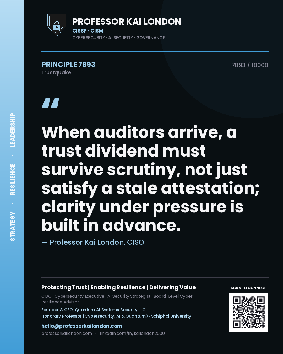 Professor Kai London principle 7893: When auditors arrive, a trust dividend must survive scrutiny, not just satisfy a stale attestation; clarity under pressure is built in advance.