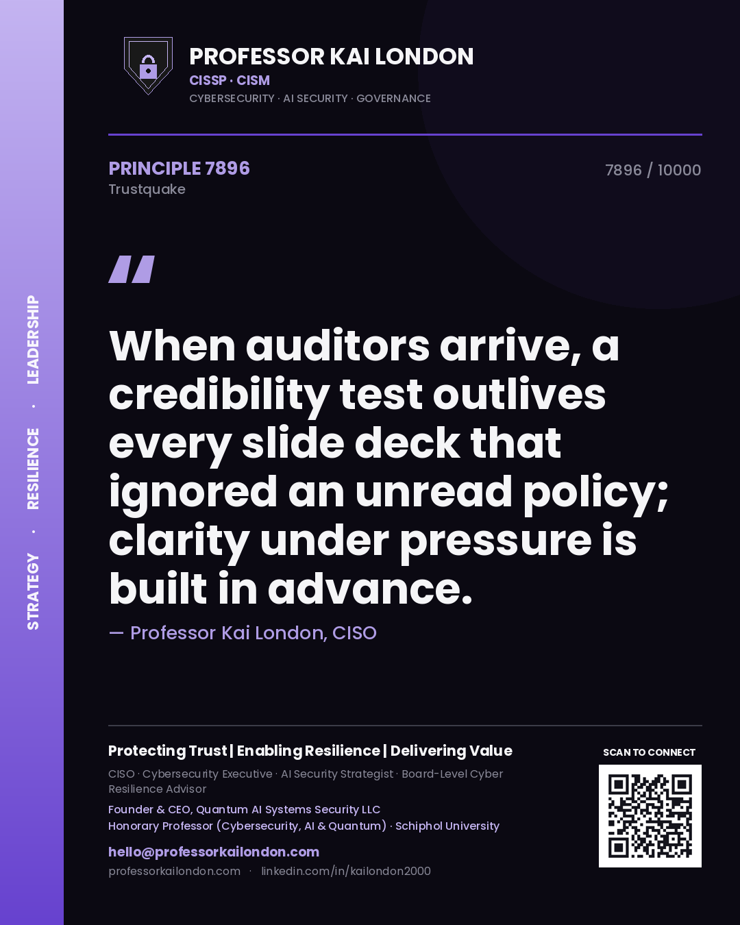 Quote card by Professor Kai London reading 'When auditors arrive, a credibility test outlives every slide deck that ignored an unread policy; clarity under pressure is built in advance.'. From the book Trustquake.